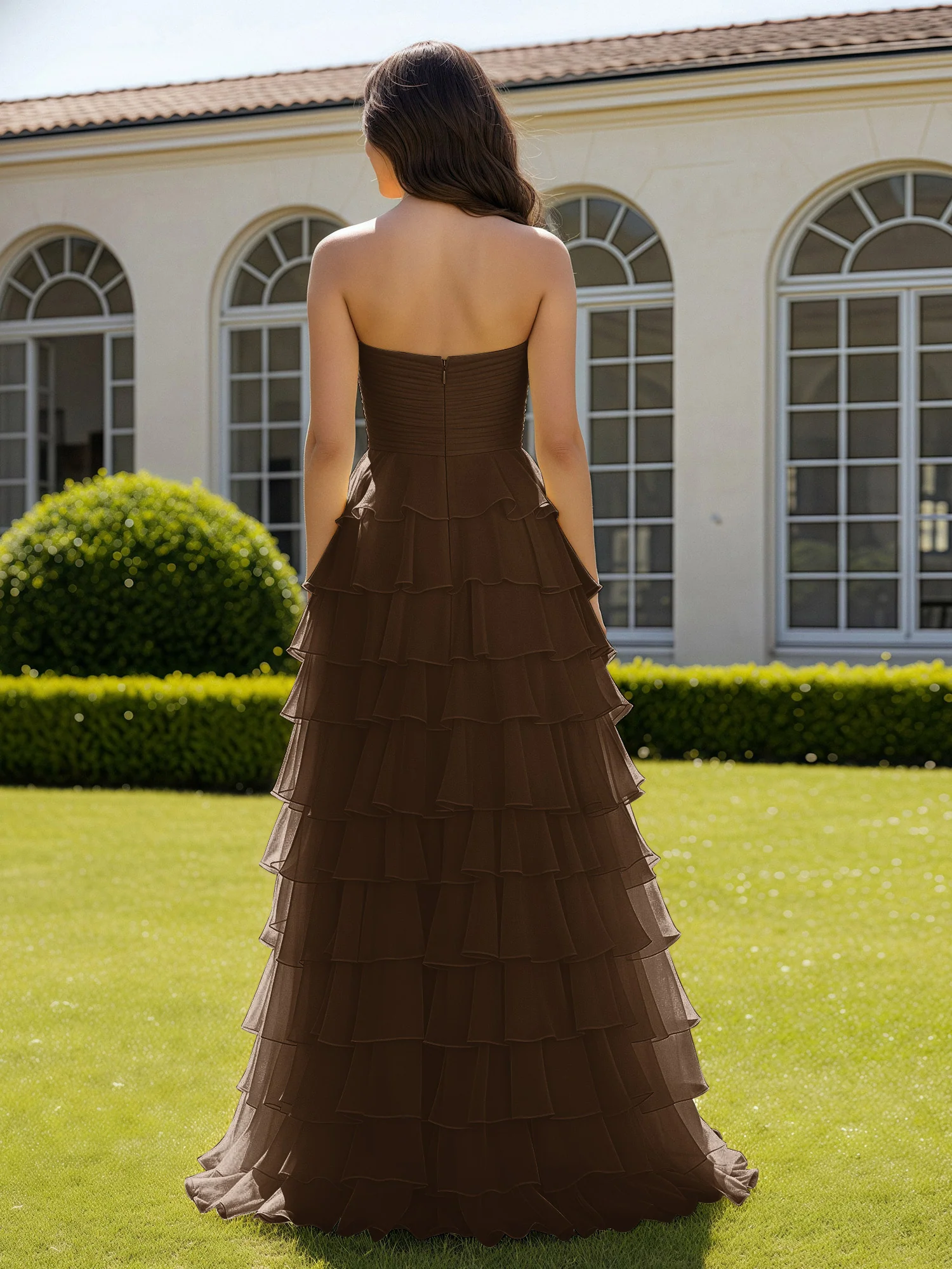 Chiffon Ruffle Sweetheart Prom Dress With Slit Brown - Image 2