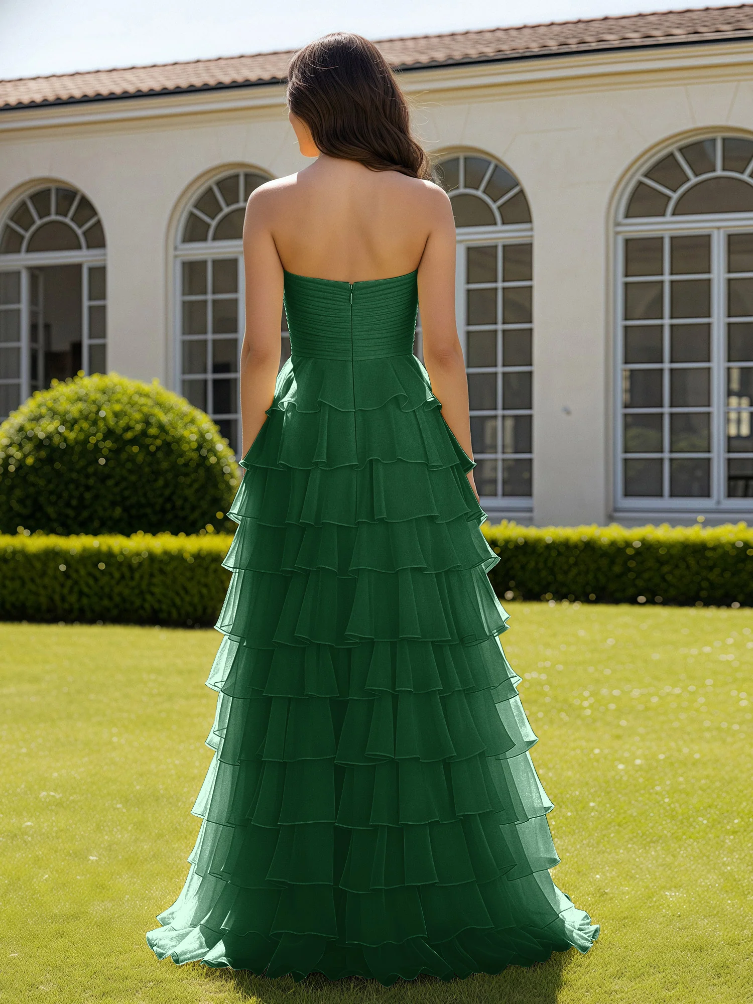 Chiffon Ruffle Sweetheart Prom Dress With Slit Dark Green - Image 2