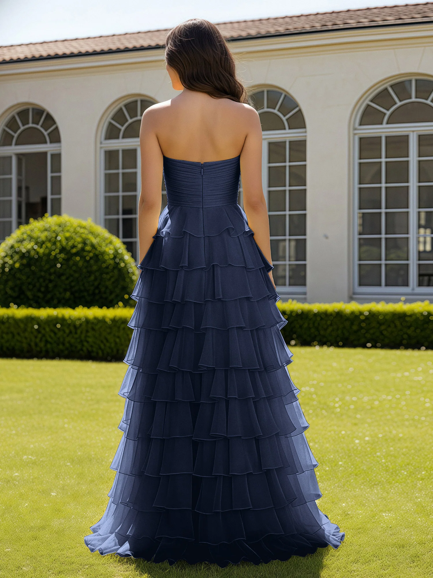Chiffon Ruffle Sweetheart Prom Dress With Slit Dark Navy - Image 2