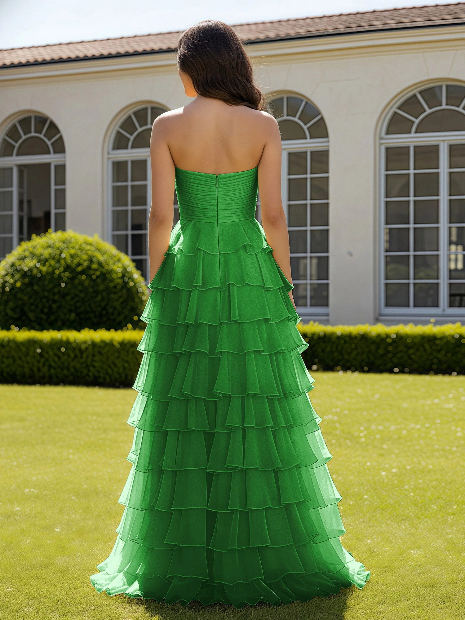 Chiffon Ruffle Sweetheart Prom Dress With Slit Green - Image 2