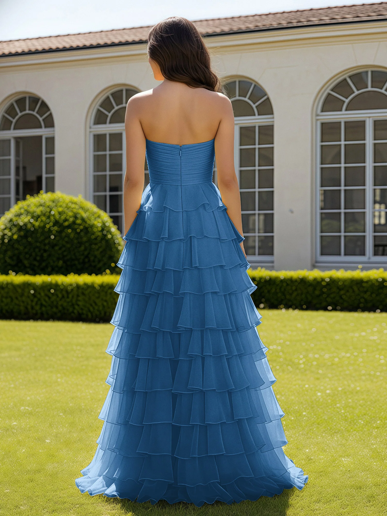 Chiffon Ruffle Sweetheart Prom Dress With Slit Ink Blue - Image 2