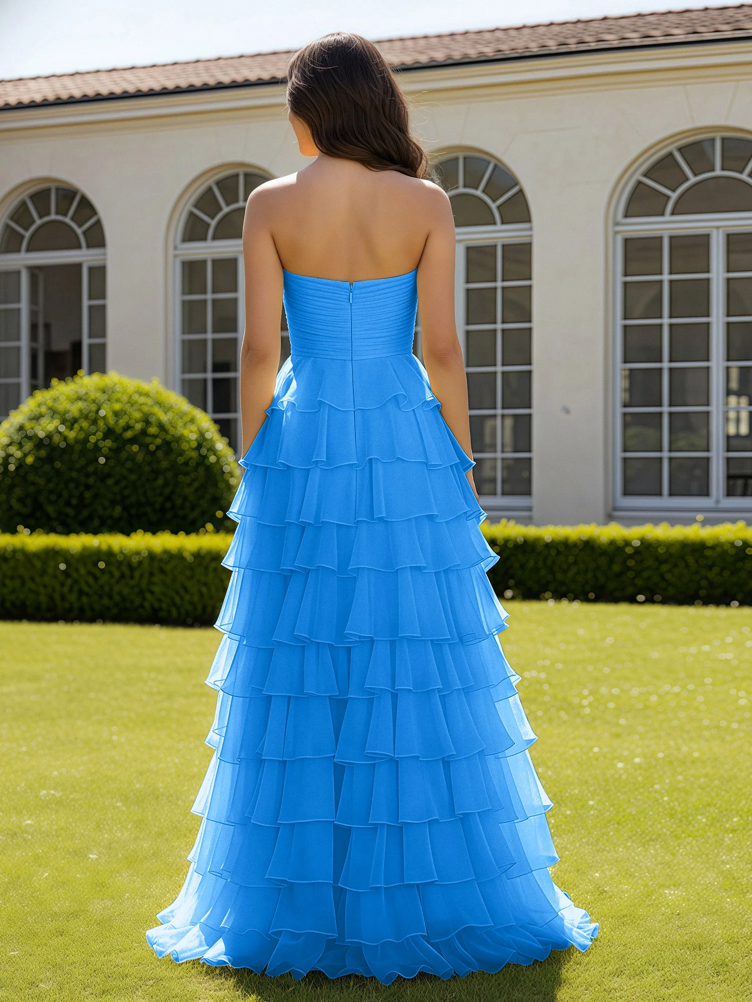 Chiffon Ruffle Sweetheart Prom Dress With Slit Ocean Blue - Image 2