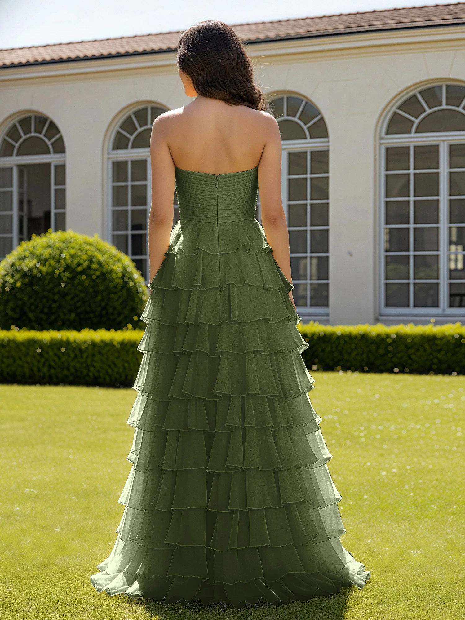 Chiffon Ruffle Sweetheart Prom Dress With Slit Olive Green - Image 2