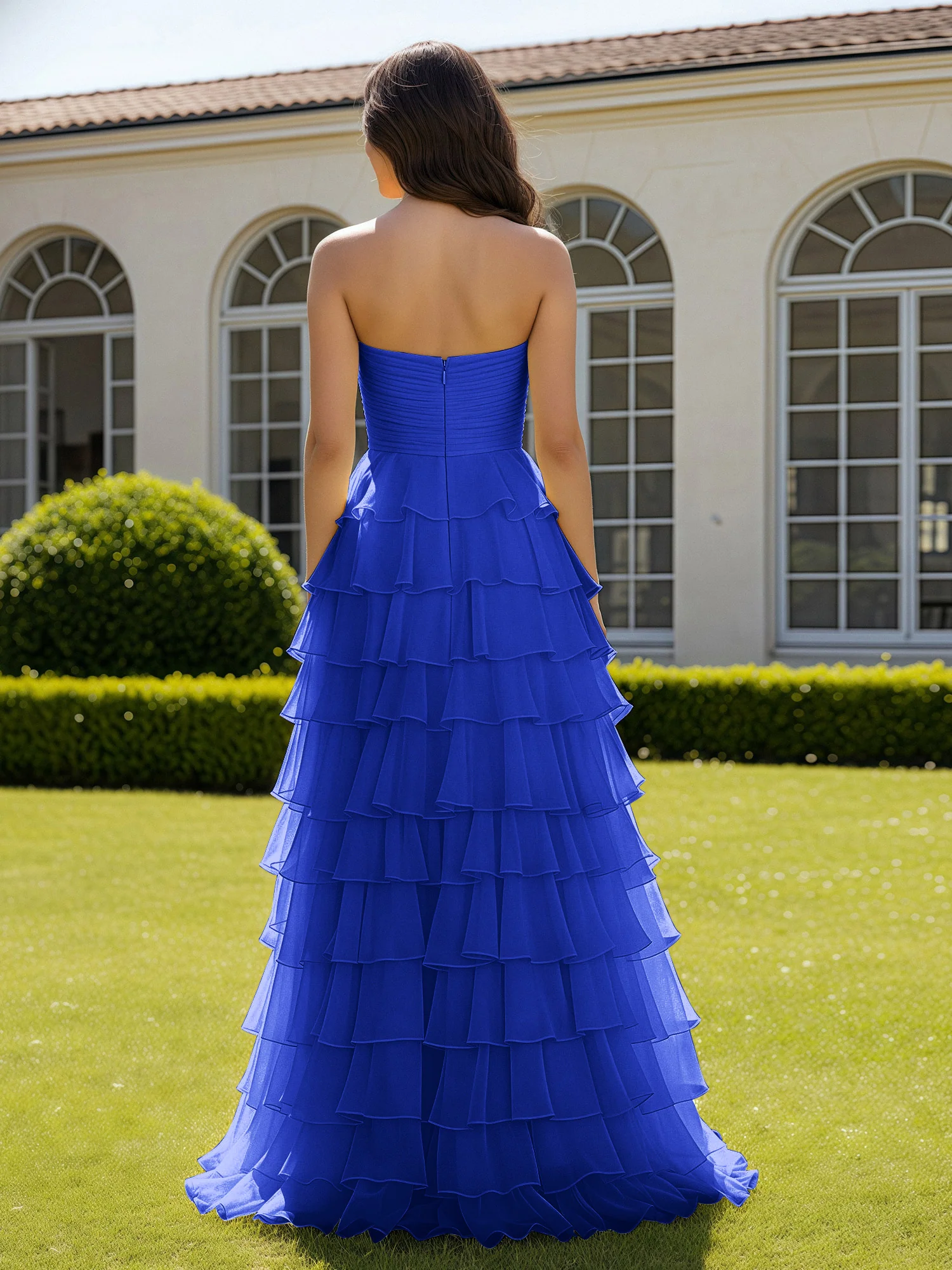 Chiffon Ruffle Sweetheart Prom Dress With Slit Royal Blue - Image 2