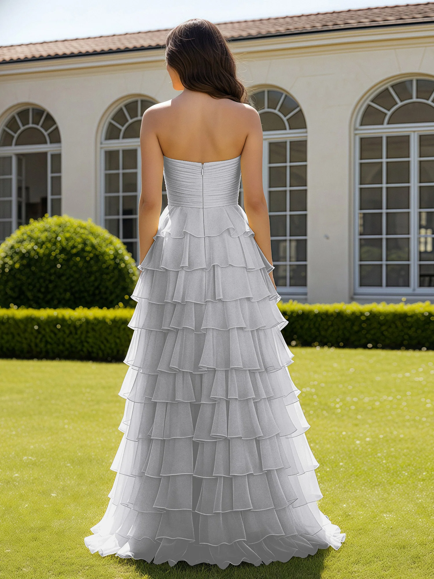 Chiffon Ruffle Sweetheart Prom Dress With Slit Silver - Image 2
