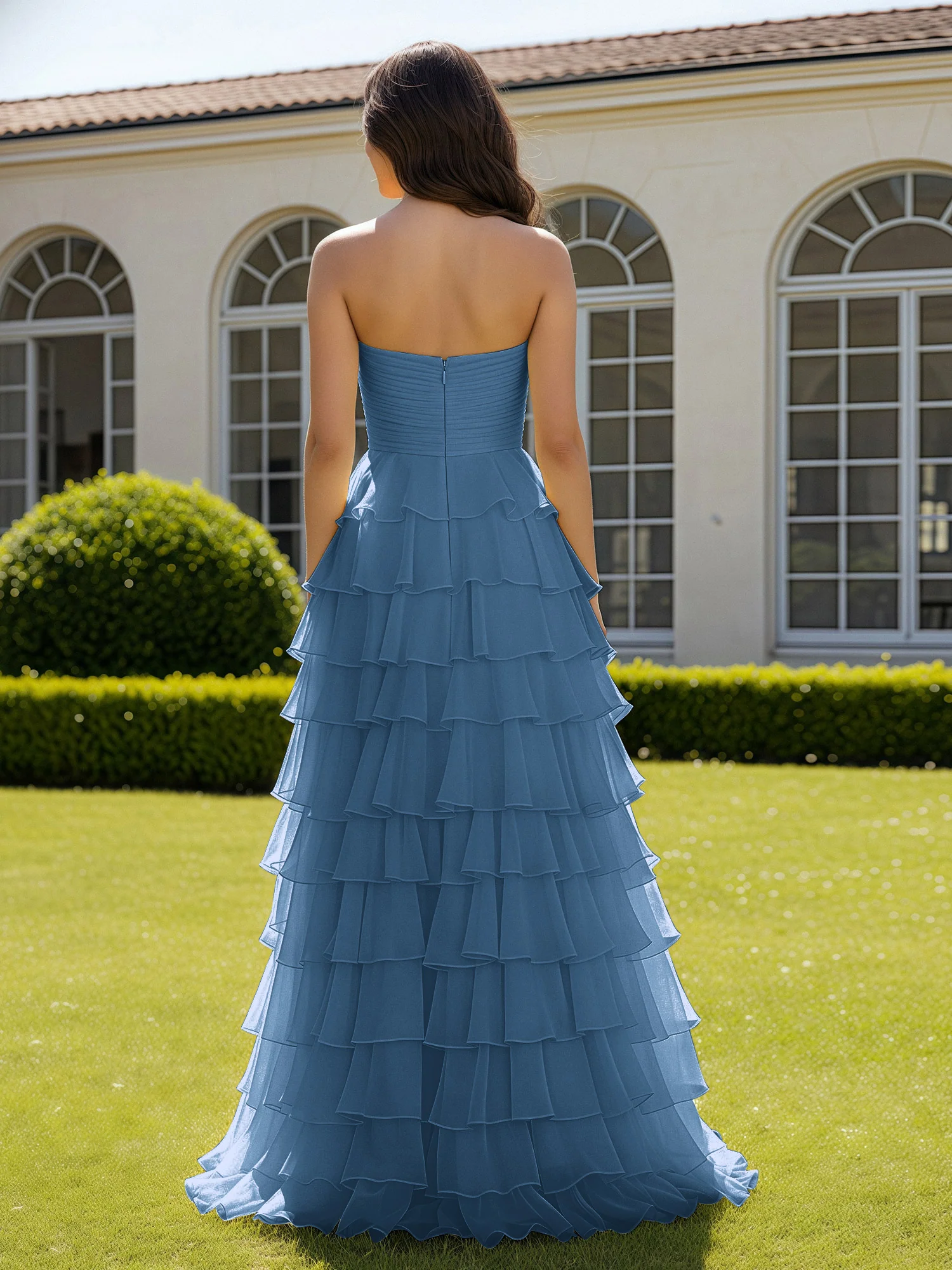 Chiffon Ruffle Sweetheart Prom Dress With Slit Slate Blue - Image 2
