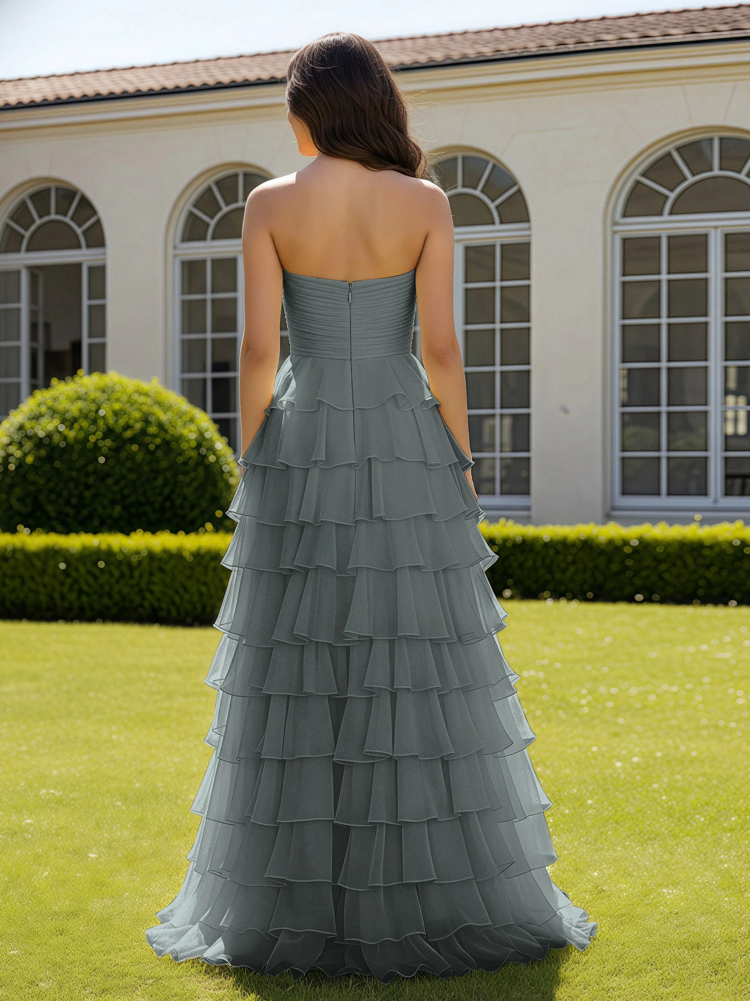 Chiffon Ruffle Sweetheart Prom Dress With Slit Steel Grey - Image 2