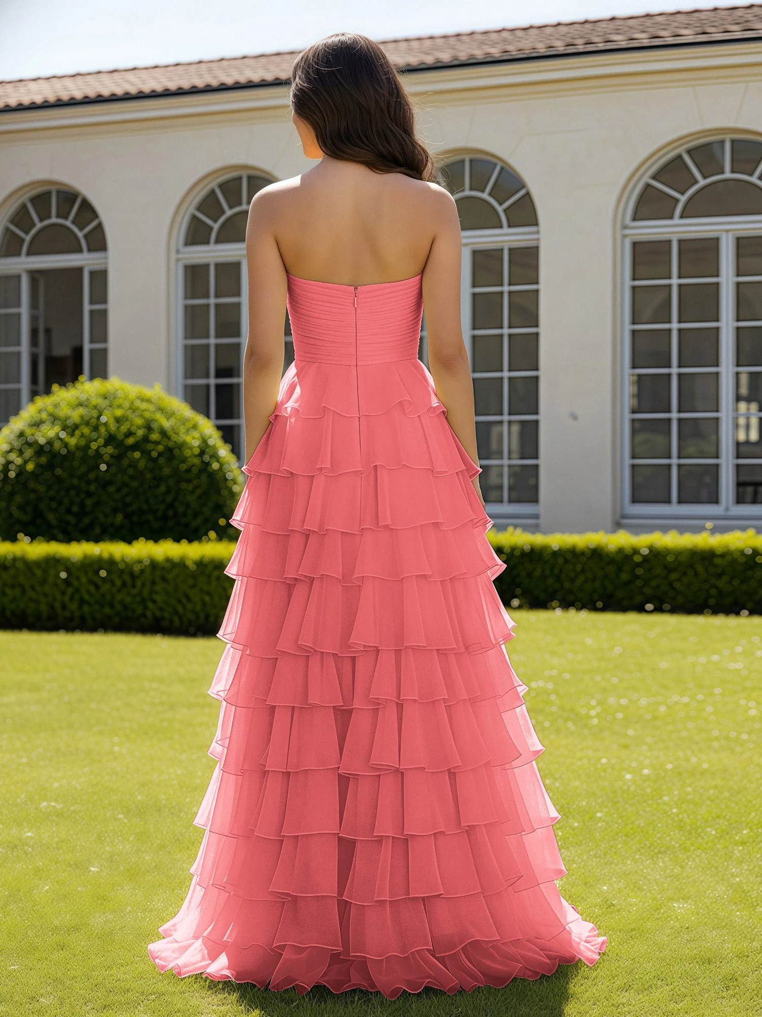 Chiffon Ruffle Sweetheart Prom Dress With Slit Watermelon - Image 2