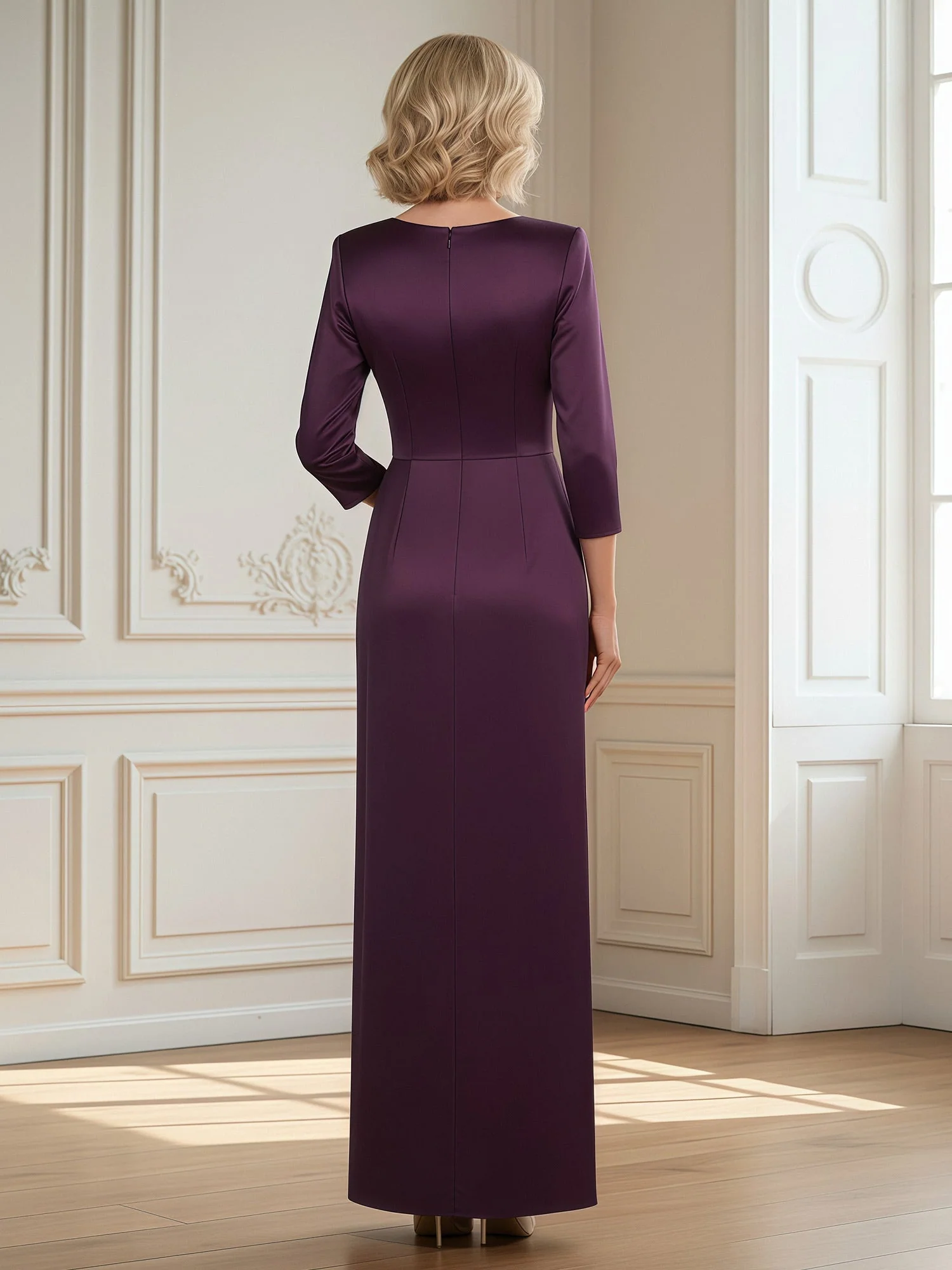 V-neck 3/4 Sleeves Sheath Slit Long Dress With Bow Dusty Blue - Image 2