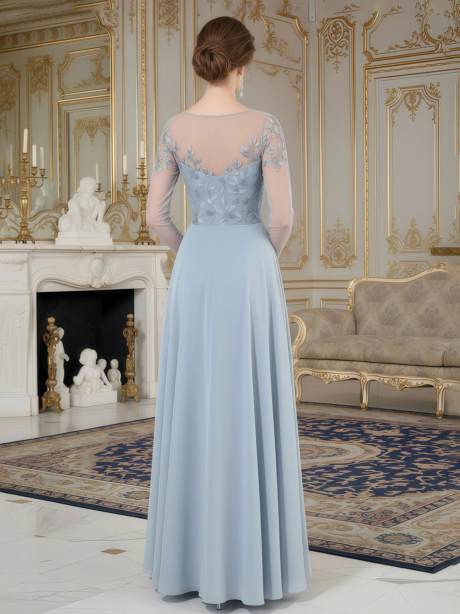 V-neck A-Line Applique Chiffon Long Dress With Slit Sky Blue - Image 2