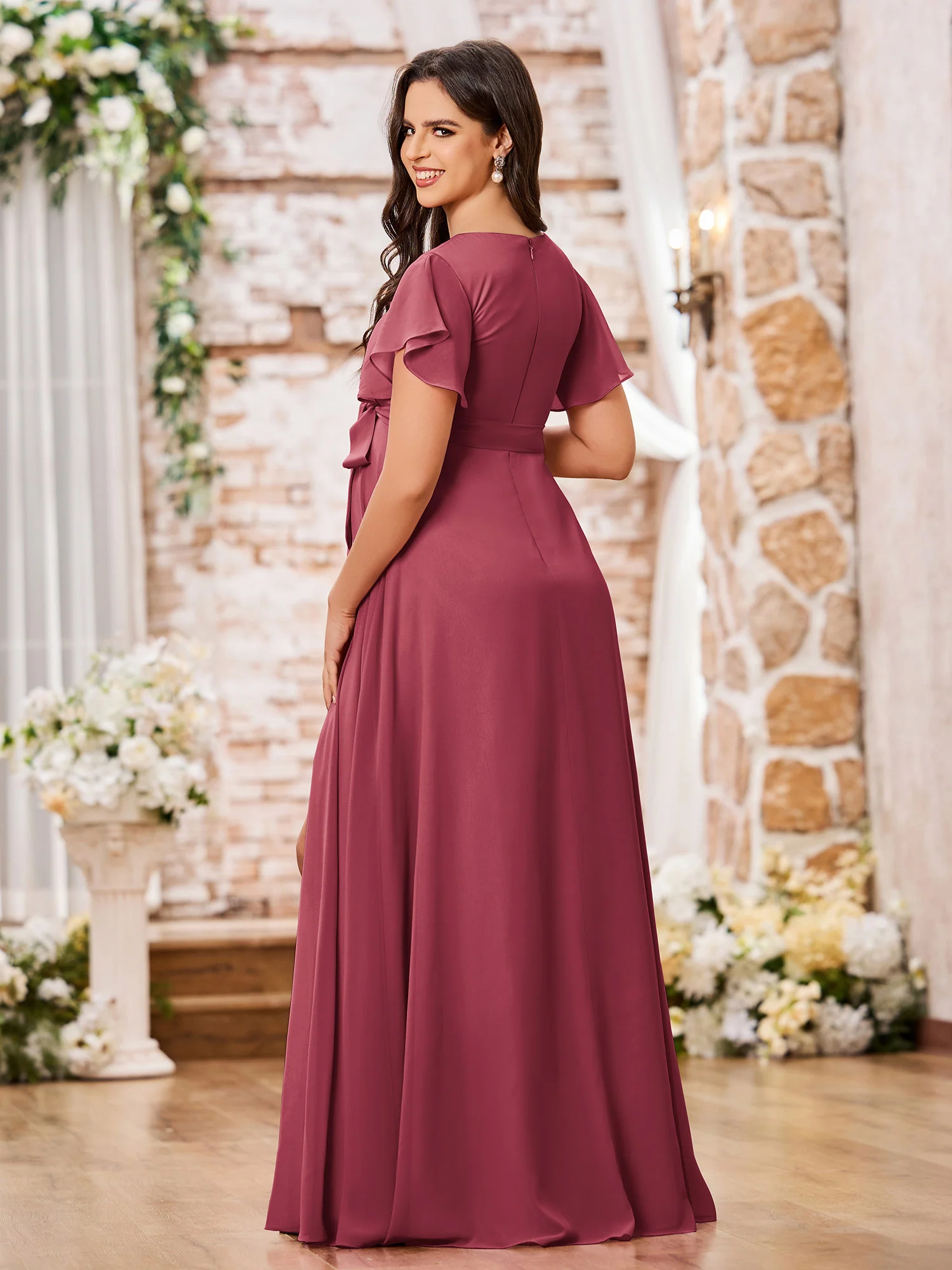 V-neck A-line Cap Sleeves Chiffon Maxi Dresses with Slit Cinnamon Rose - Image 2