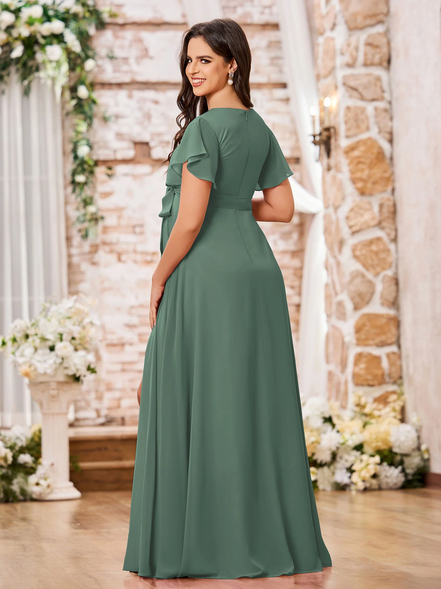 V-neck A-line Cap Sleeves Chiffon Maxi Dresses with Slit Eucalyptus - Image 2