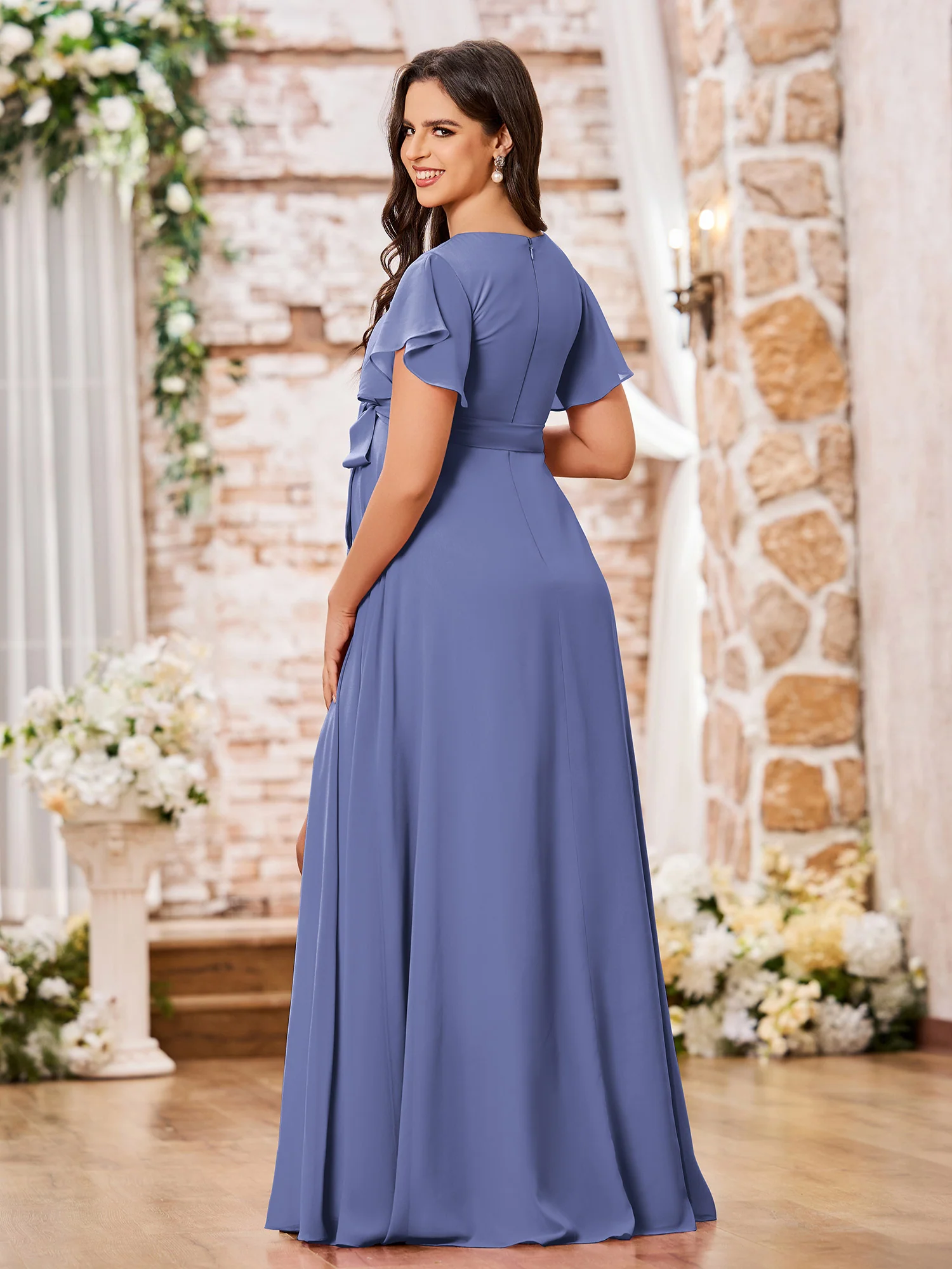 V-neck A-line Cap Sleeves Chiffon Maxi Dresses with Slit Periwinkle - Image 2