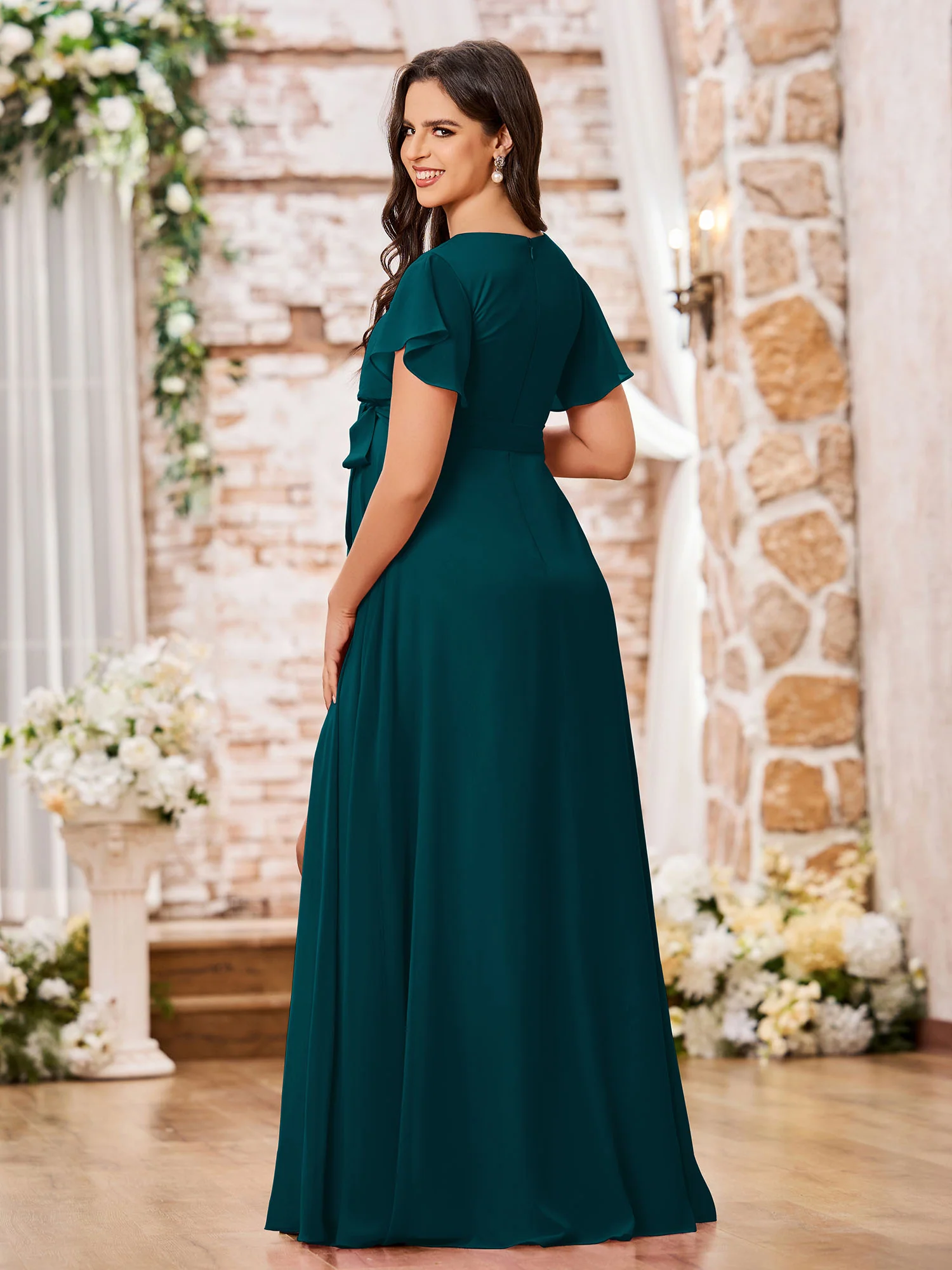 V-neck A-line Cap Sleeves Chiffon Maxi Dresses with Slit Pine - Image 2