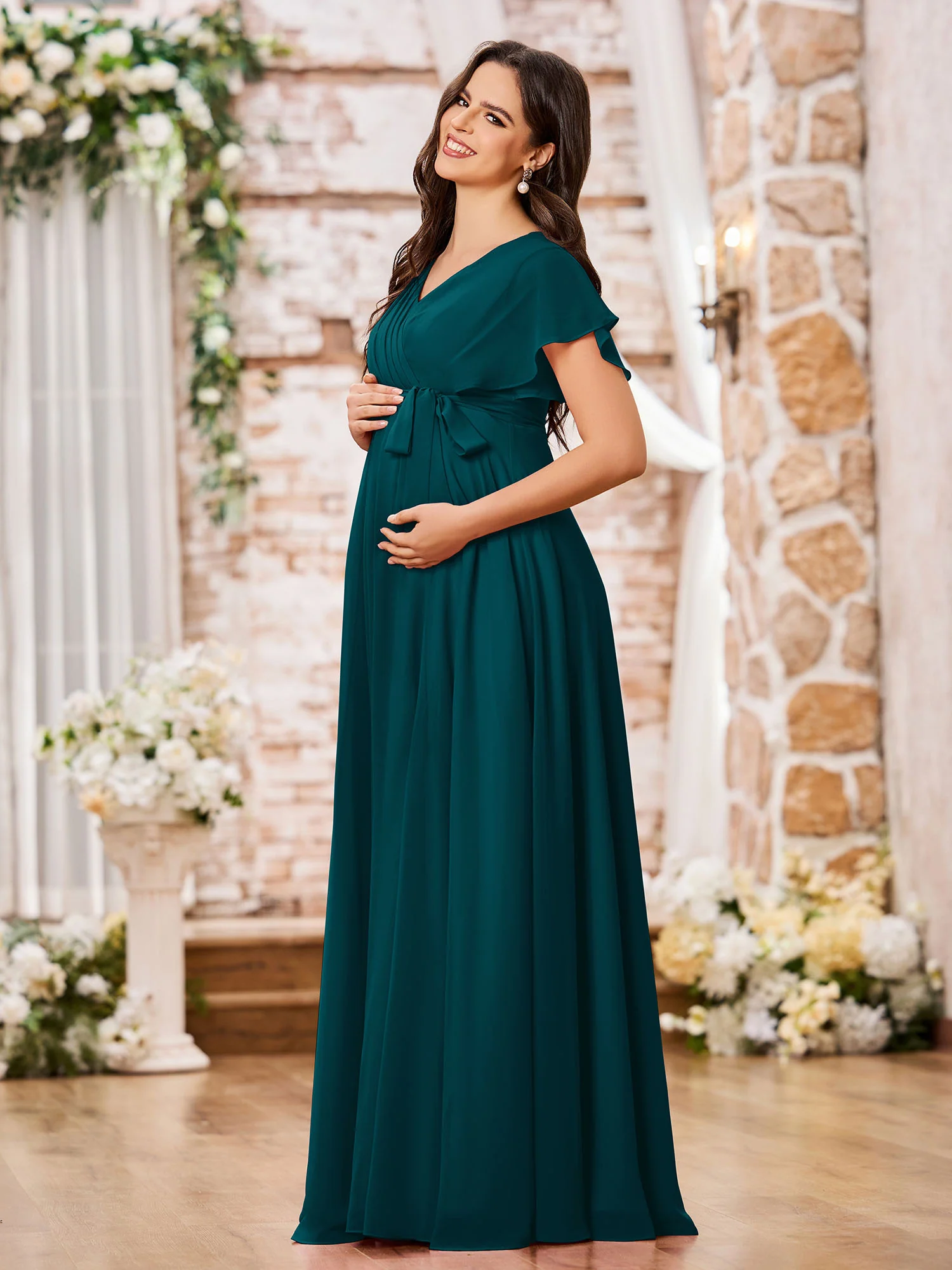 V-neck A-line Cap Sleeves Chiffon Maxi Dresses with Slit Pine - Image 3