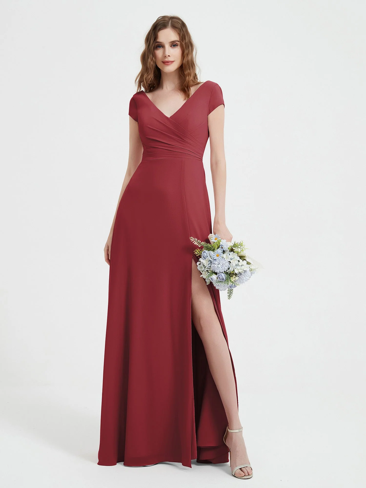 V-neck A-line Chiffon Dress With Slit Cinnamon Rose Plus Size