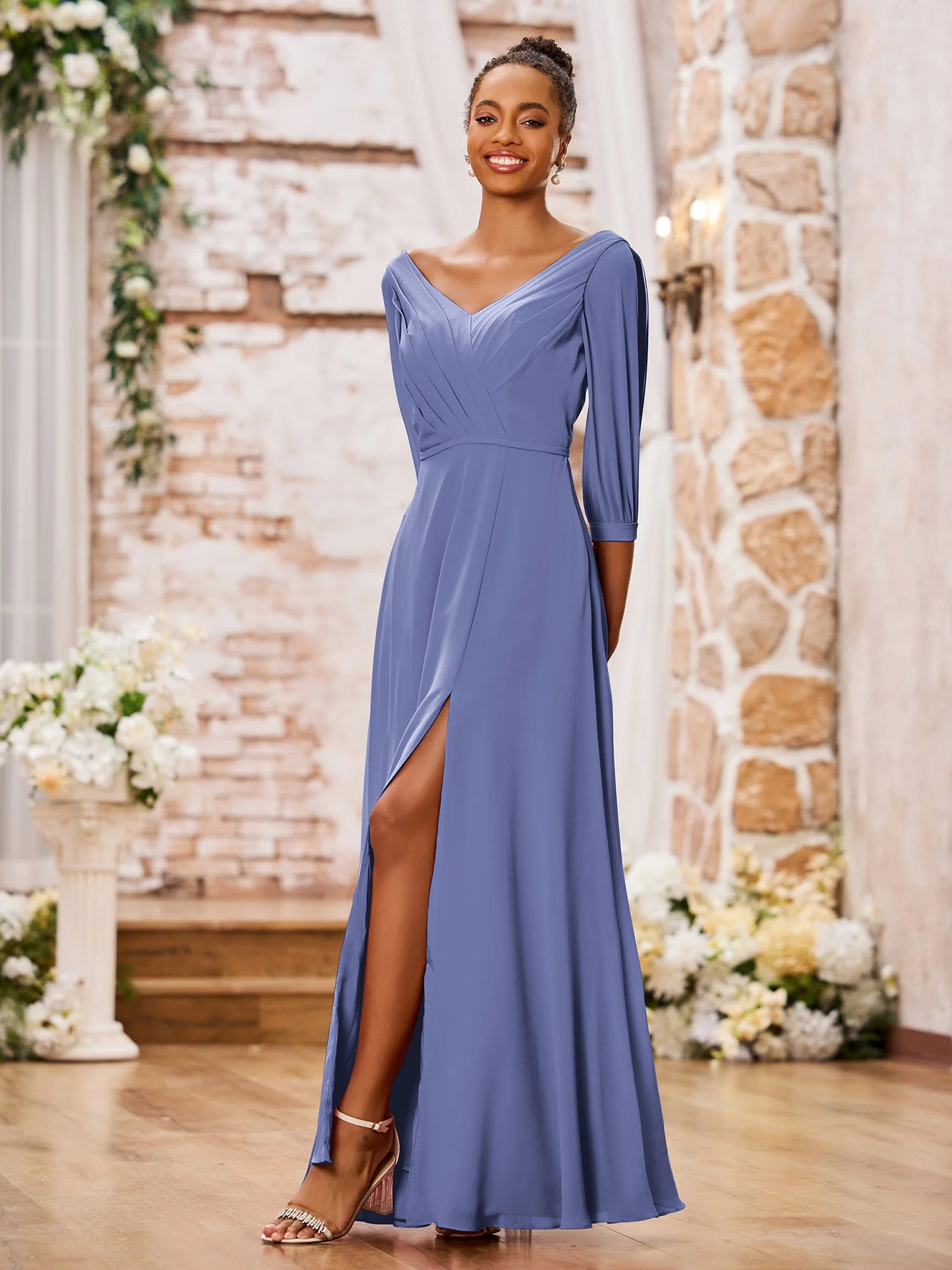 V-neck A-line Long Sleeves Maxi Chiffon Dresses with Slit Periwinkle - Image 3