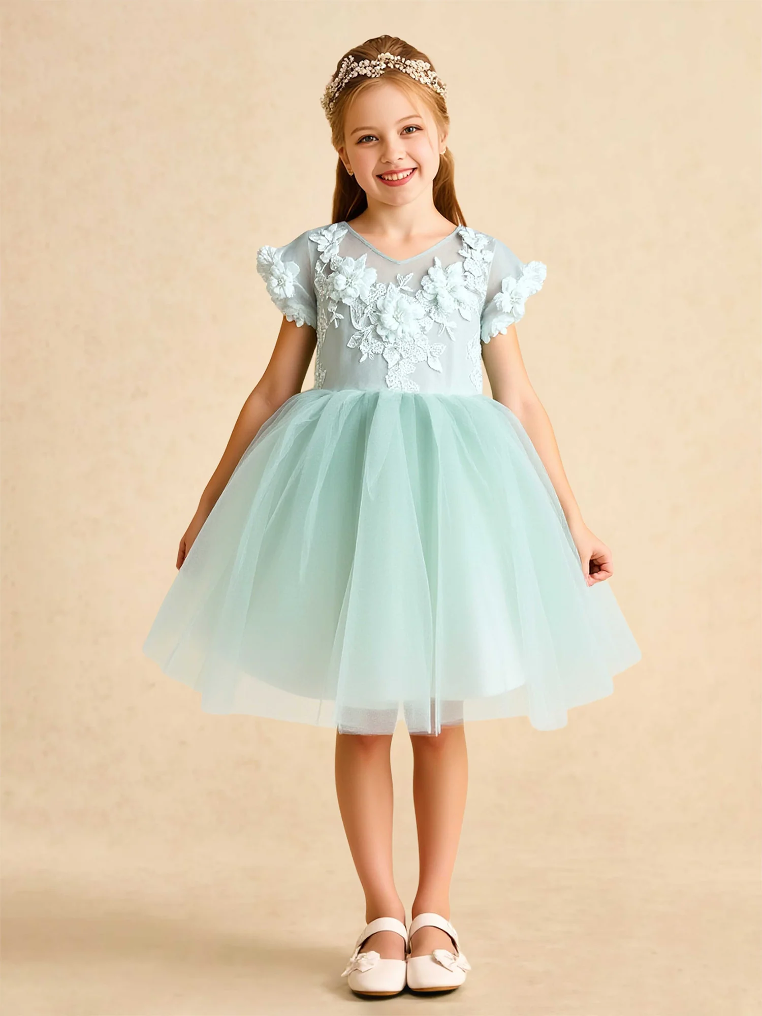 V-neck A-Line Tulle Flower Girl Dress With Bow Mint Green