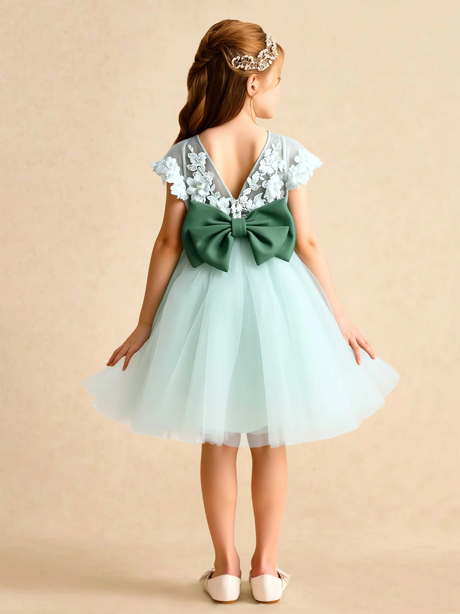 V-neck A-Line Tulle Flower Girl Dress With Bow Mint Green - Image 2