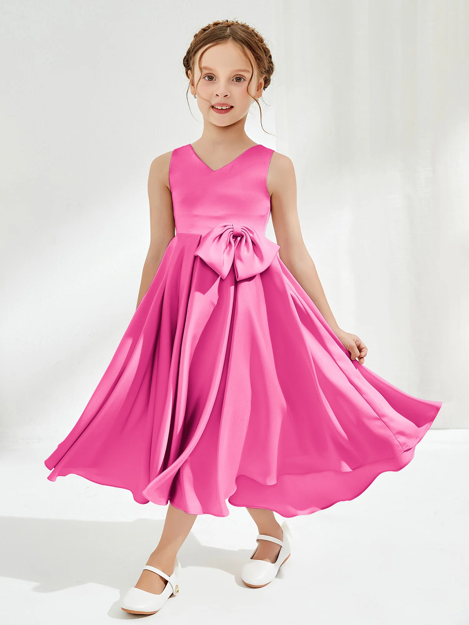 V-Neck Acetate Satin Girl's Dress with Bow Azalea