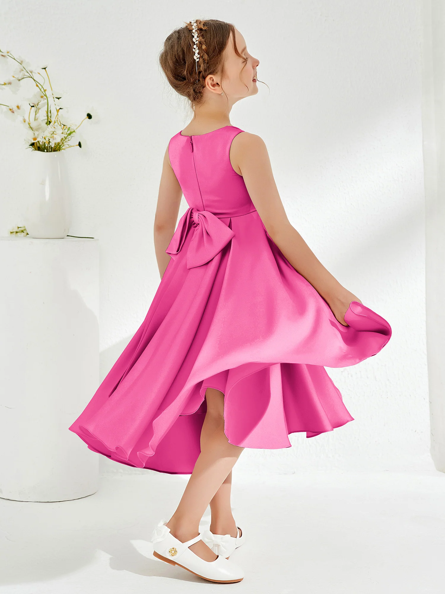 V-Neck Acetate Satin Girl's Dress with Bow Azalea - Image 2