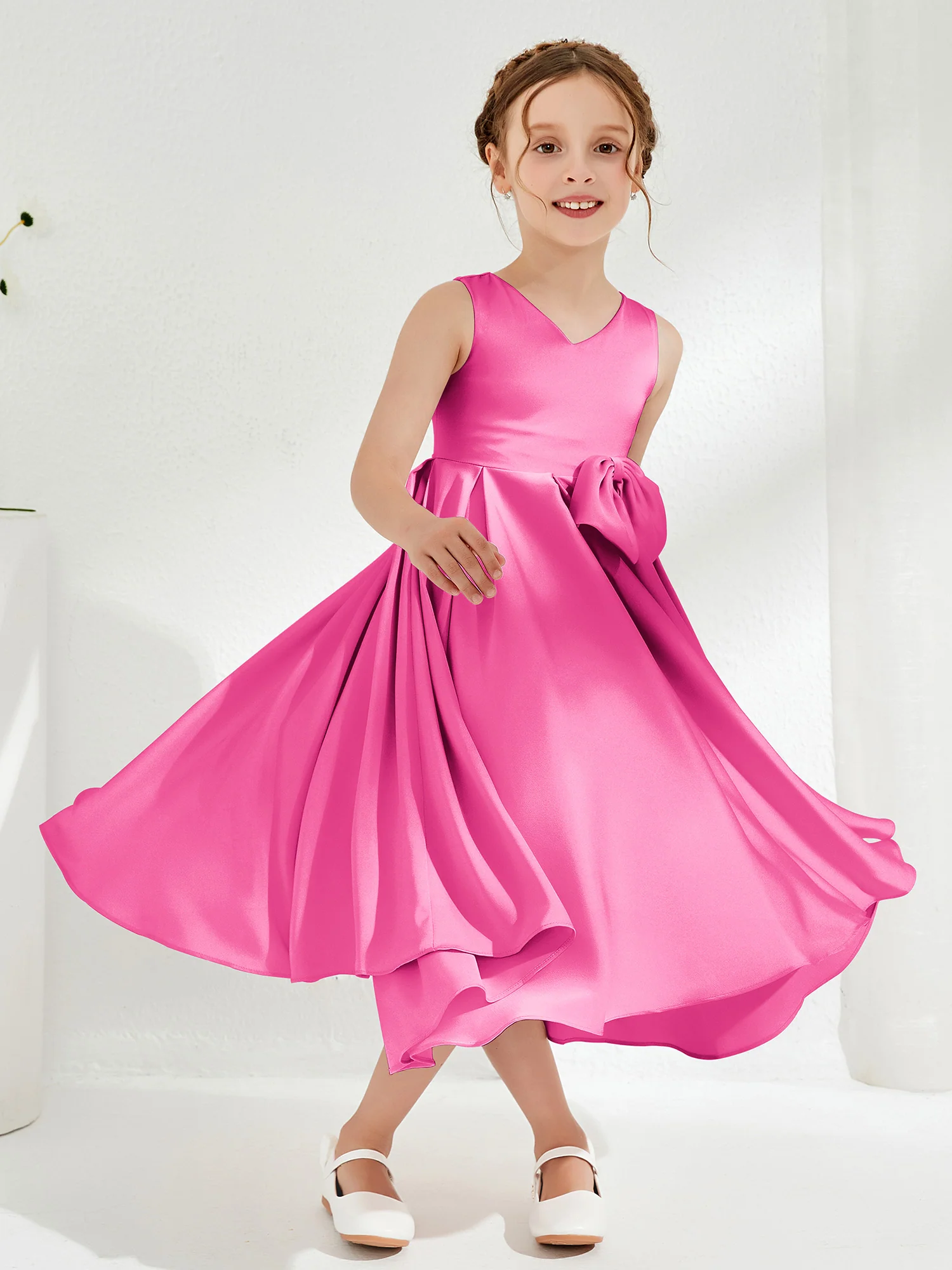 V-Neck Acetate Satin Girl's Dress with Bow Azalea - Image 3