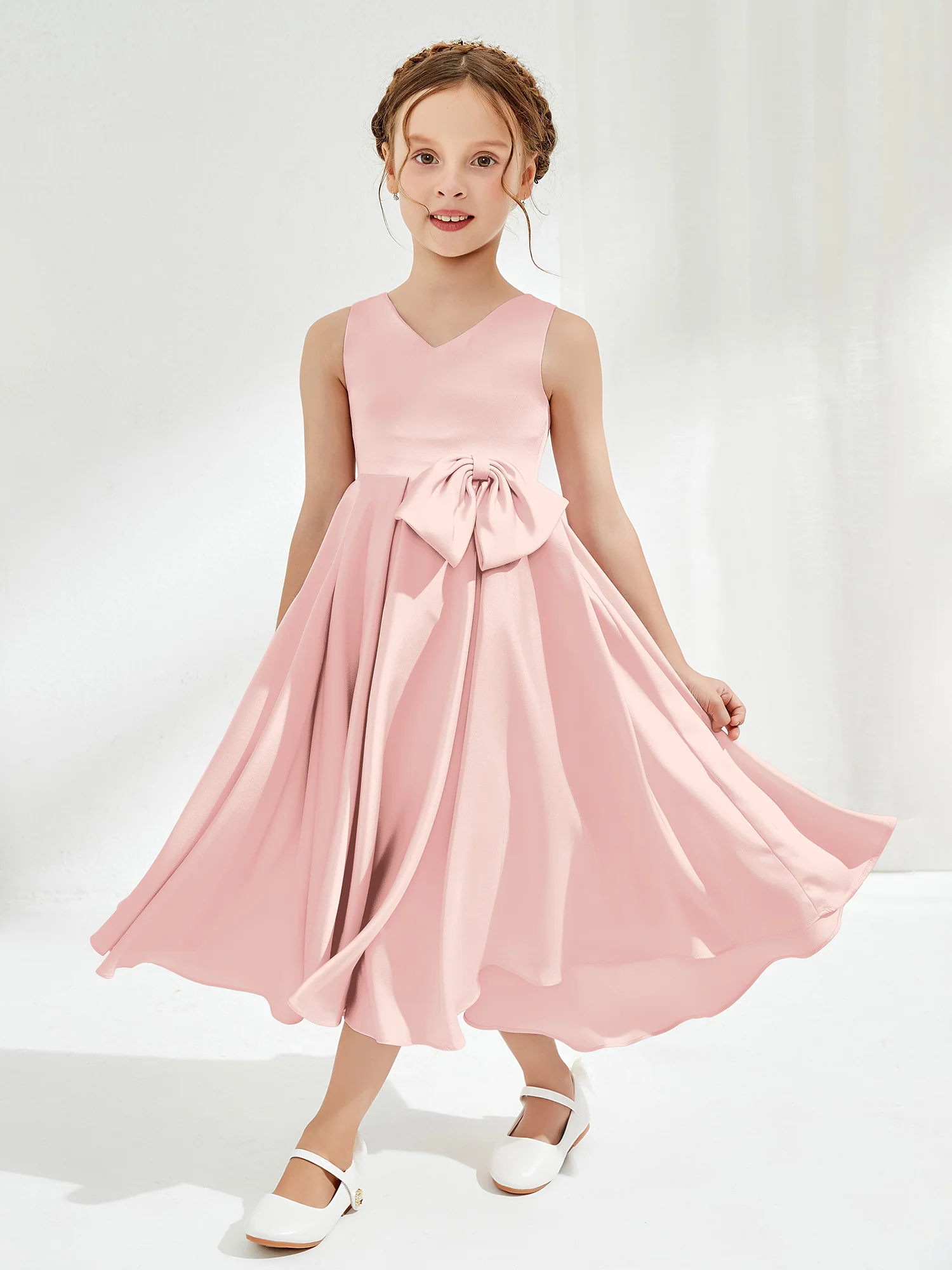 V-Neck Acetate Satin Girl's Dress with Bow Blushing Pink