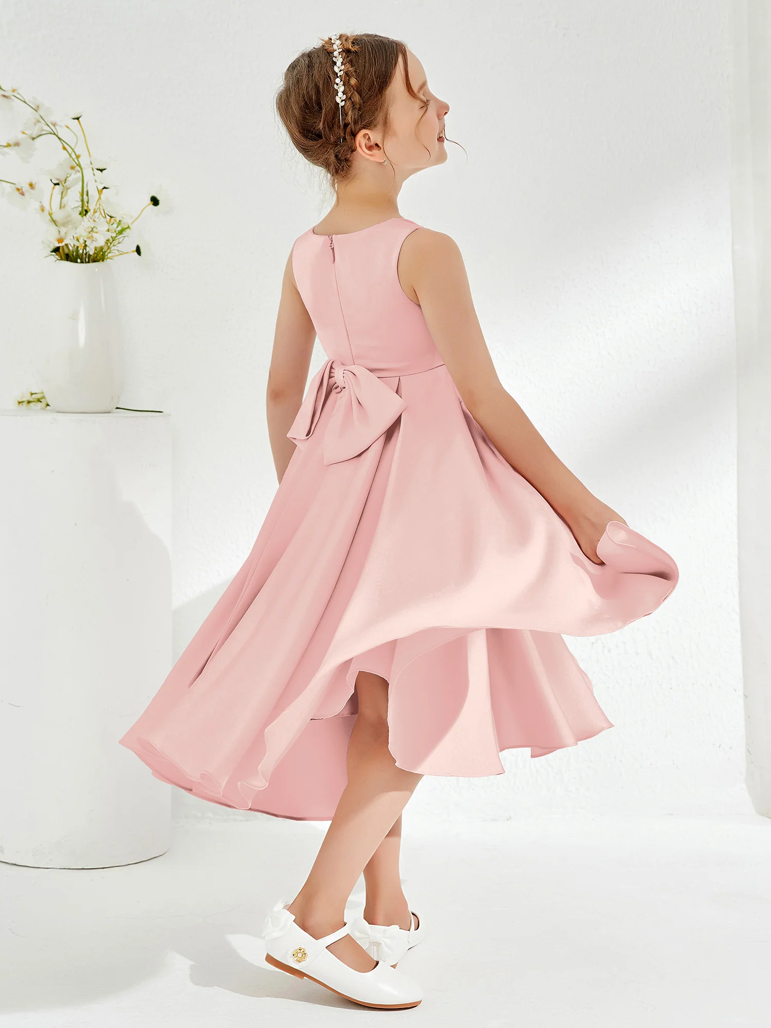 V-Neck Acetate Satin Girl's Dress with Bow Blushing Pink - Image 2