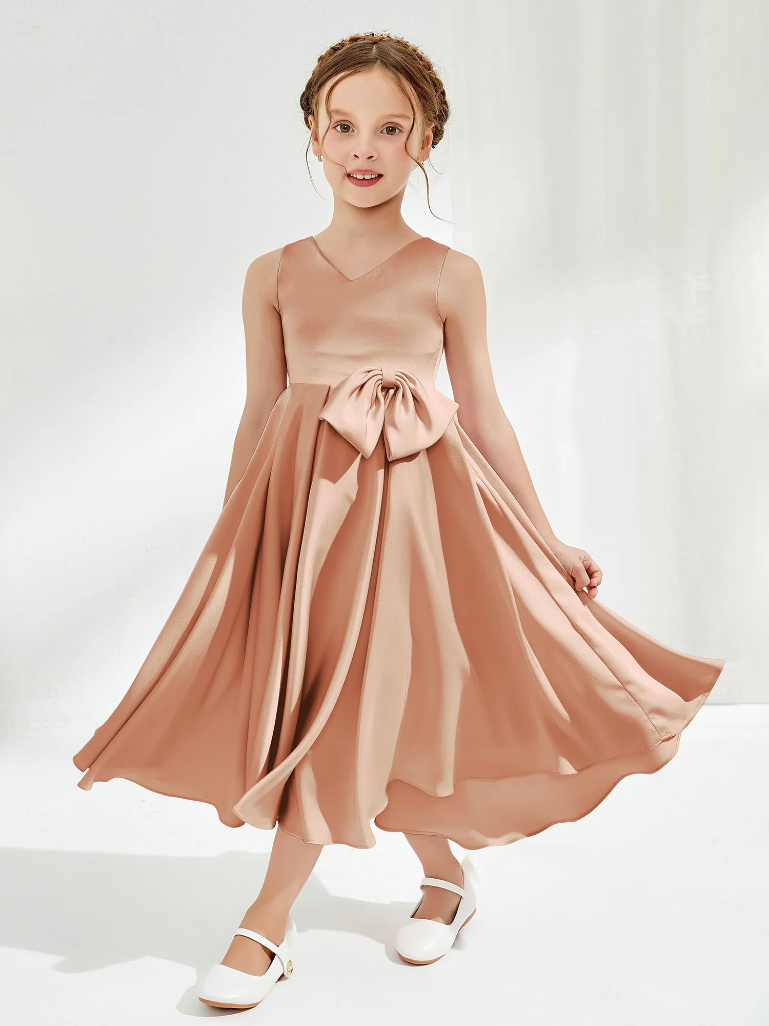 V-Neck Acetate Satin Girl's Dress with Bow Bronzer