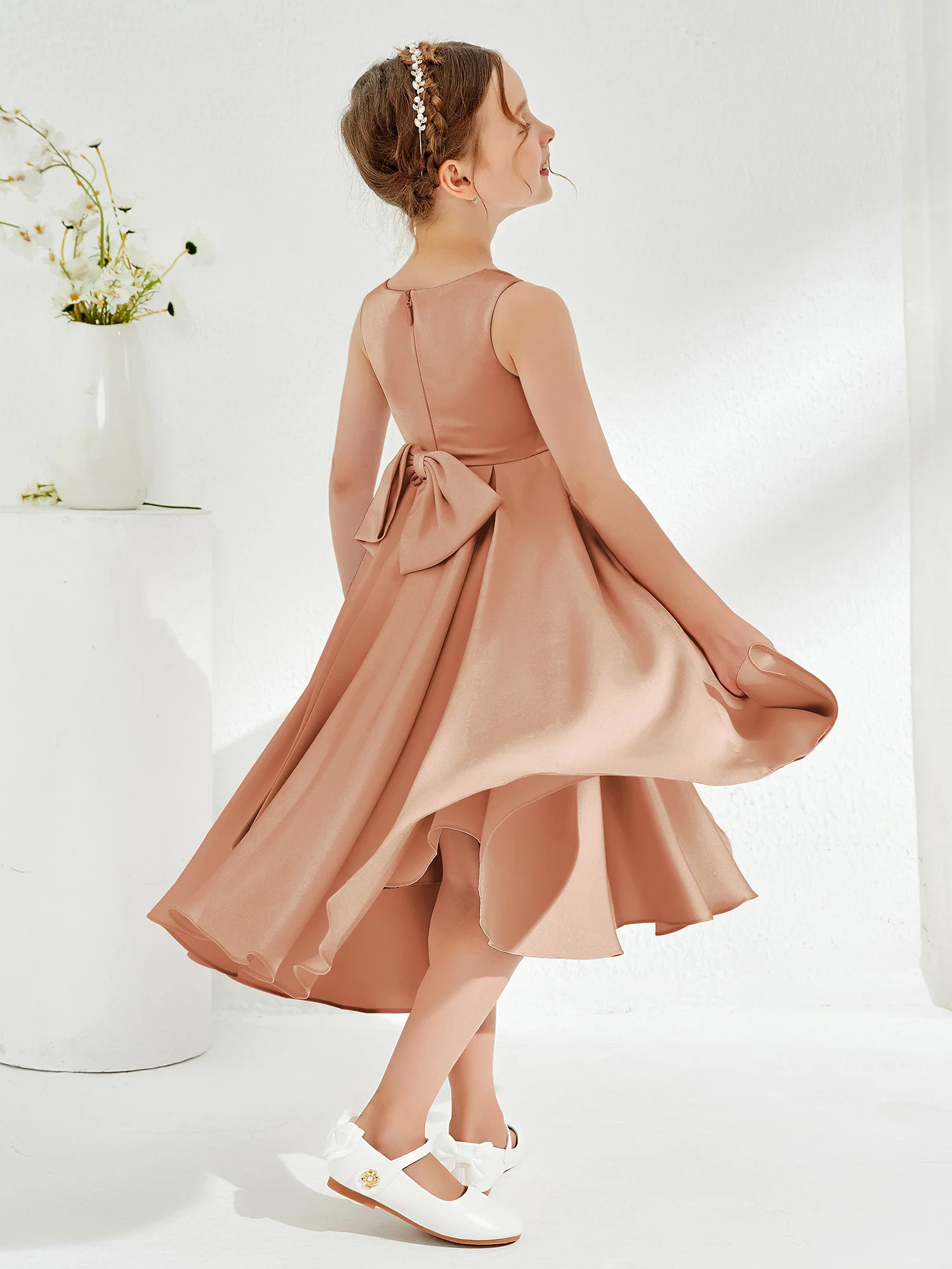 V-Neck Acetate Satin Girl's Dress with Bow Bronzer - Image 2