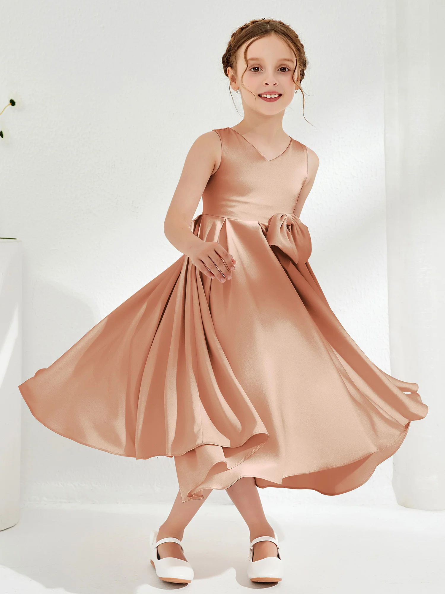 V-Neck Acetate Satin Girl's Dress with Bow Bronzer - Image 3