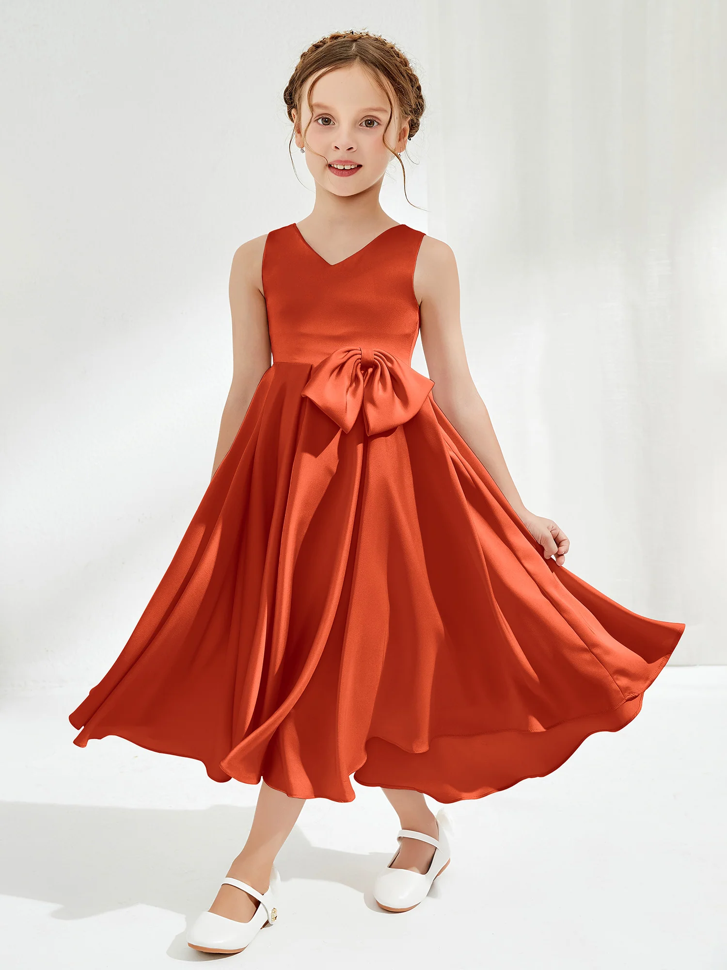 V-Neck Acetate Satin Girl's Dress with Bow Burnt Orange