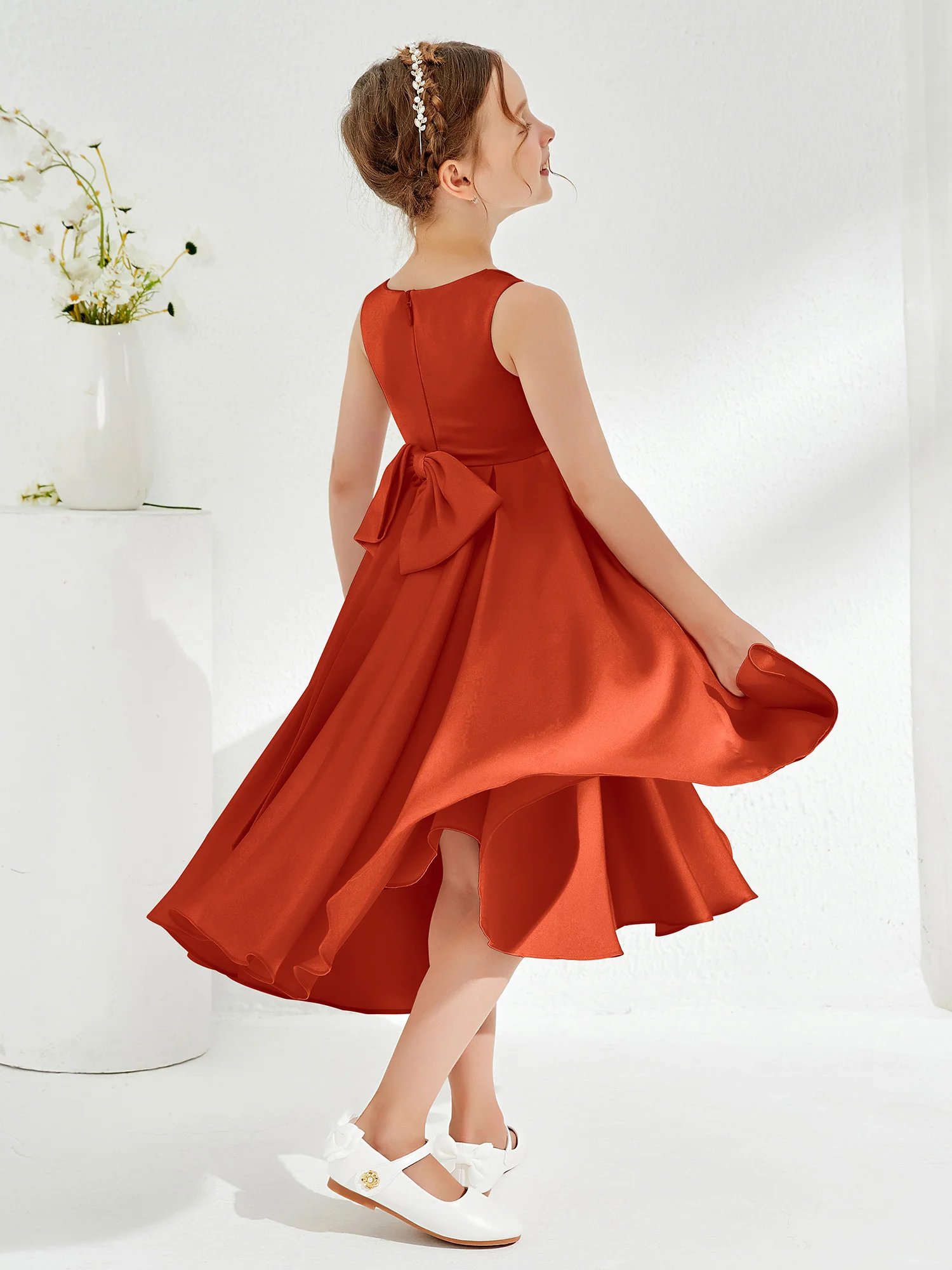 V-Neck Acetate Satin Girl's Dress with Bow Burnt Orange - Image 2
