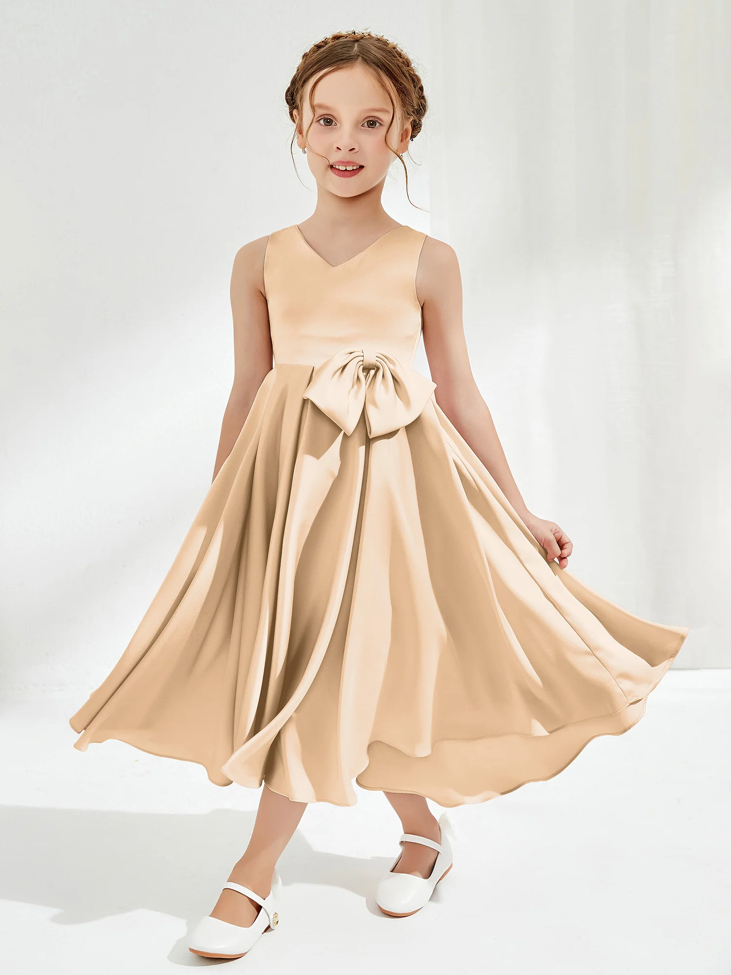 V-Neck Acetate Satin Girl's Dress with Bow Champagne