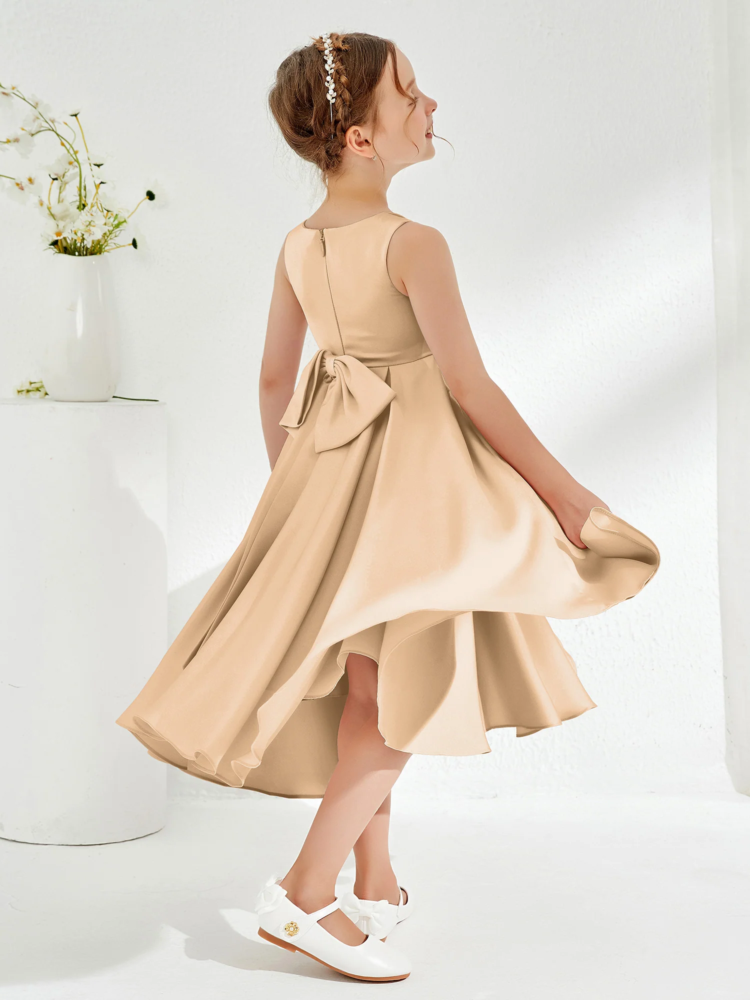 V-Neck Acetate Satin Girl's Dress with Bow Champagne - Image 2