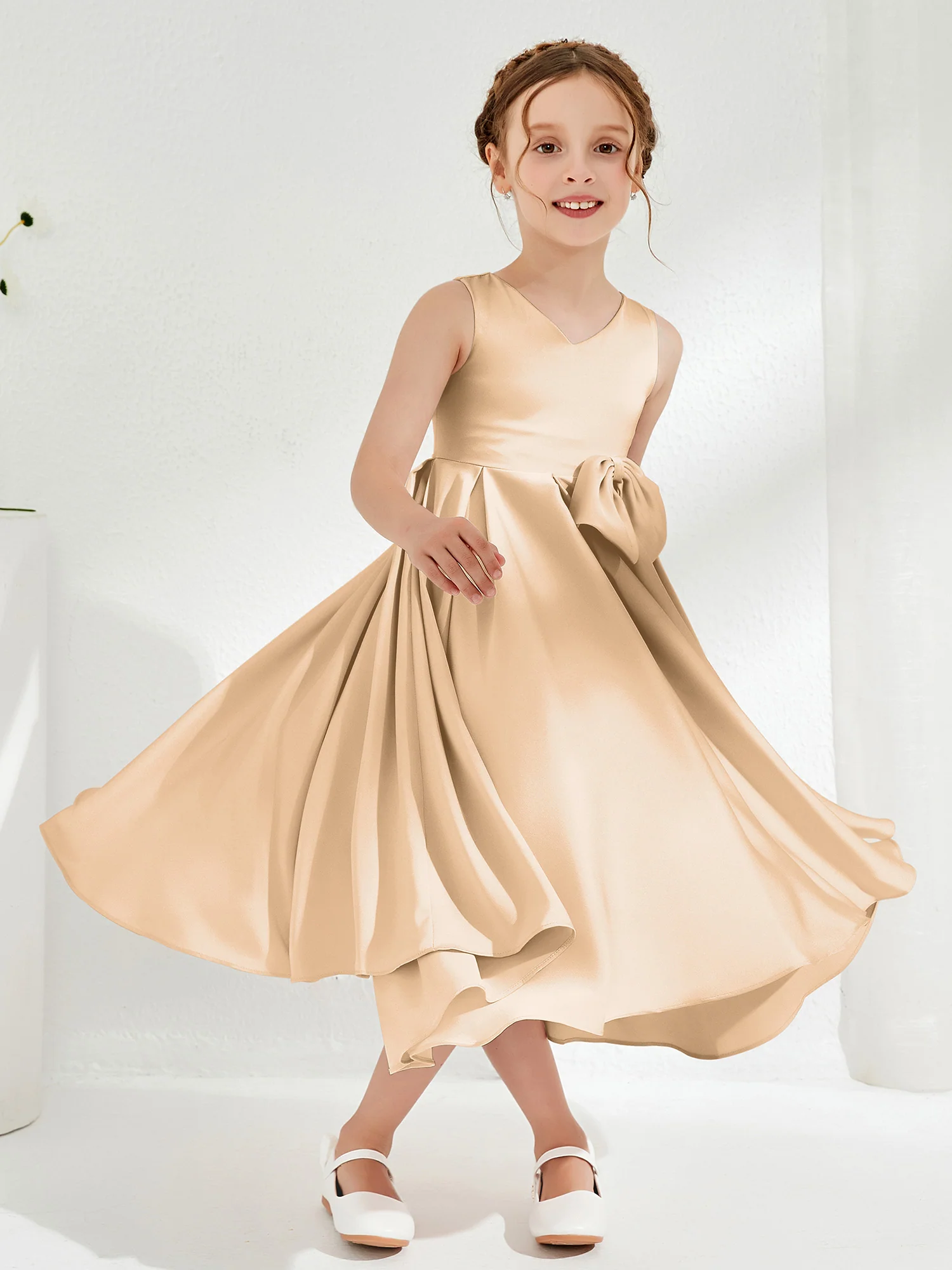 V-Neck Acetate Satin Girl's Dress with Bow Champagne - Image 3
