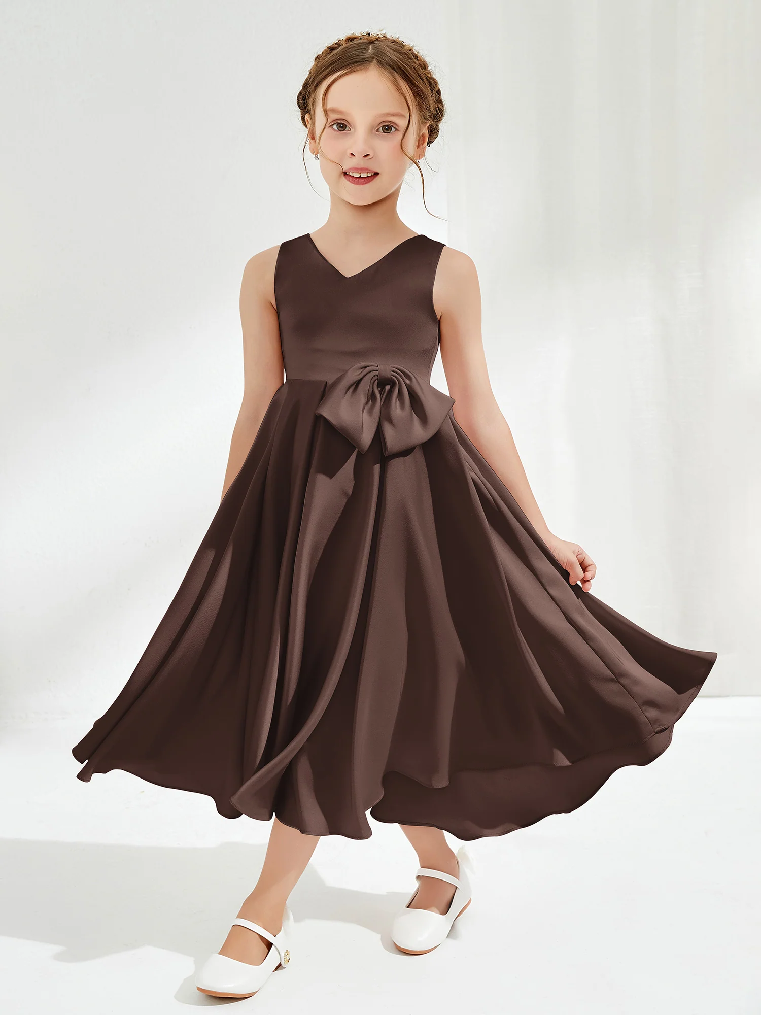 V-Neck Acetate Satin Girl's Dress with Bow Chocolate