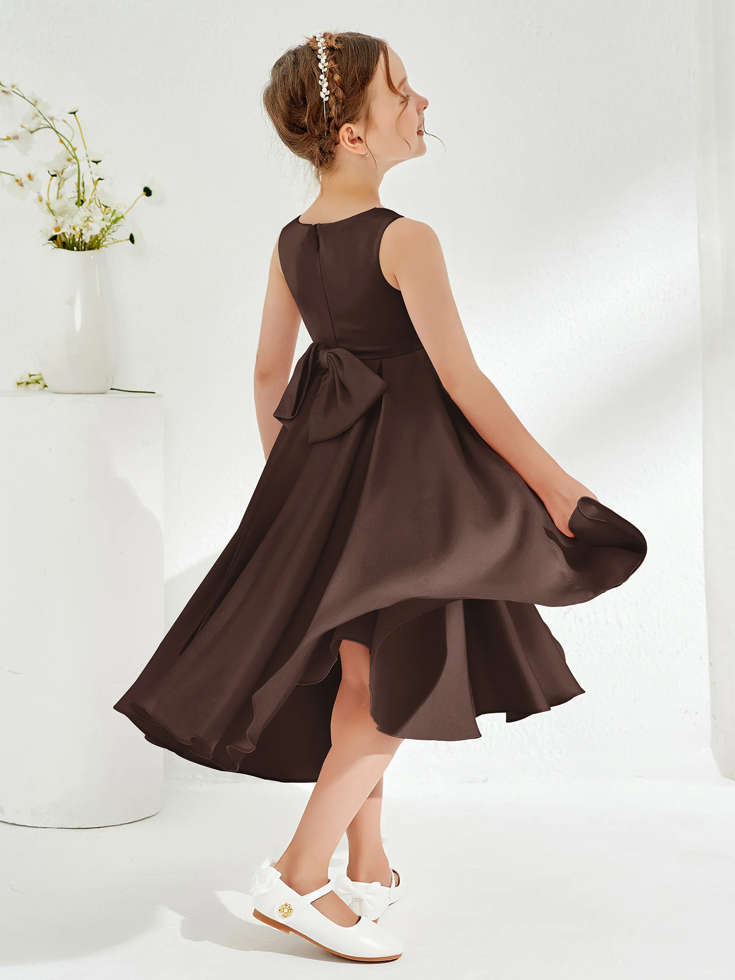 V-Neck Acetate Satin Girl's Dress with Bow Chocolate - Image 2