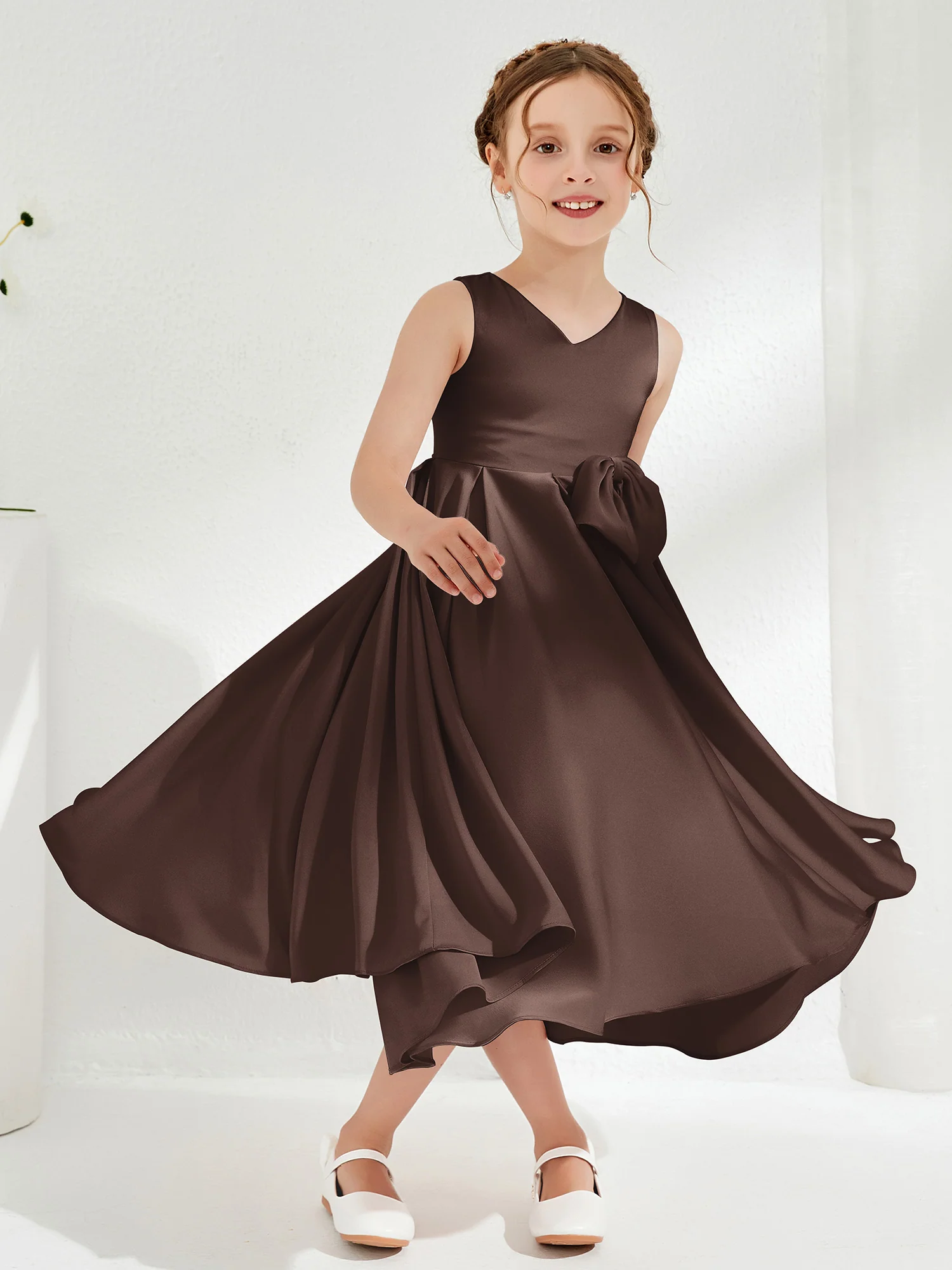 V-Neck Acetate Satin Girl's Dress with Bow Chocolate - Image 3