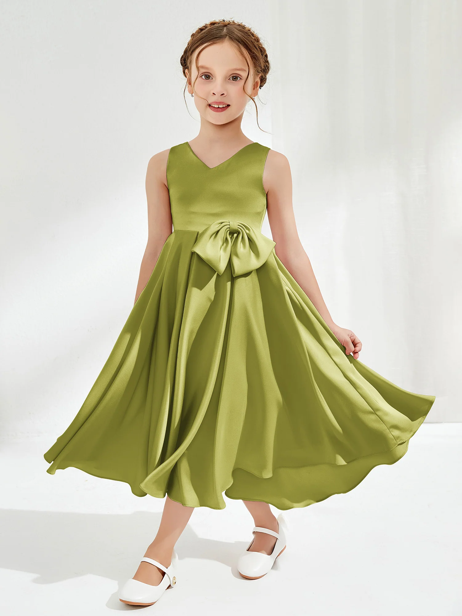 V-Neck Acetate Satin Girl's Dress with Bow Clover