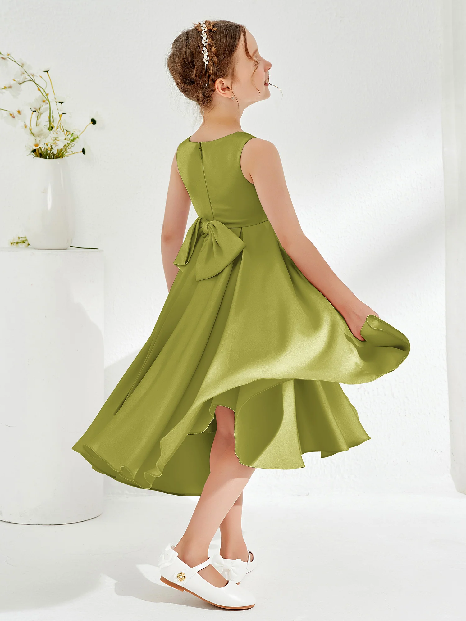 V-Neck Acetate Satin Girl's Dress with Bow Clover - Image 2