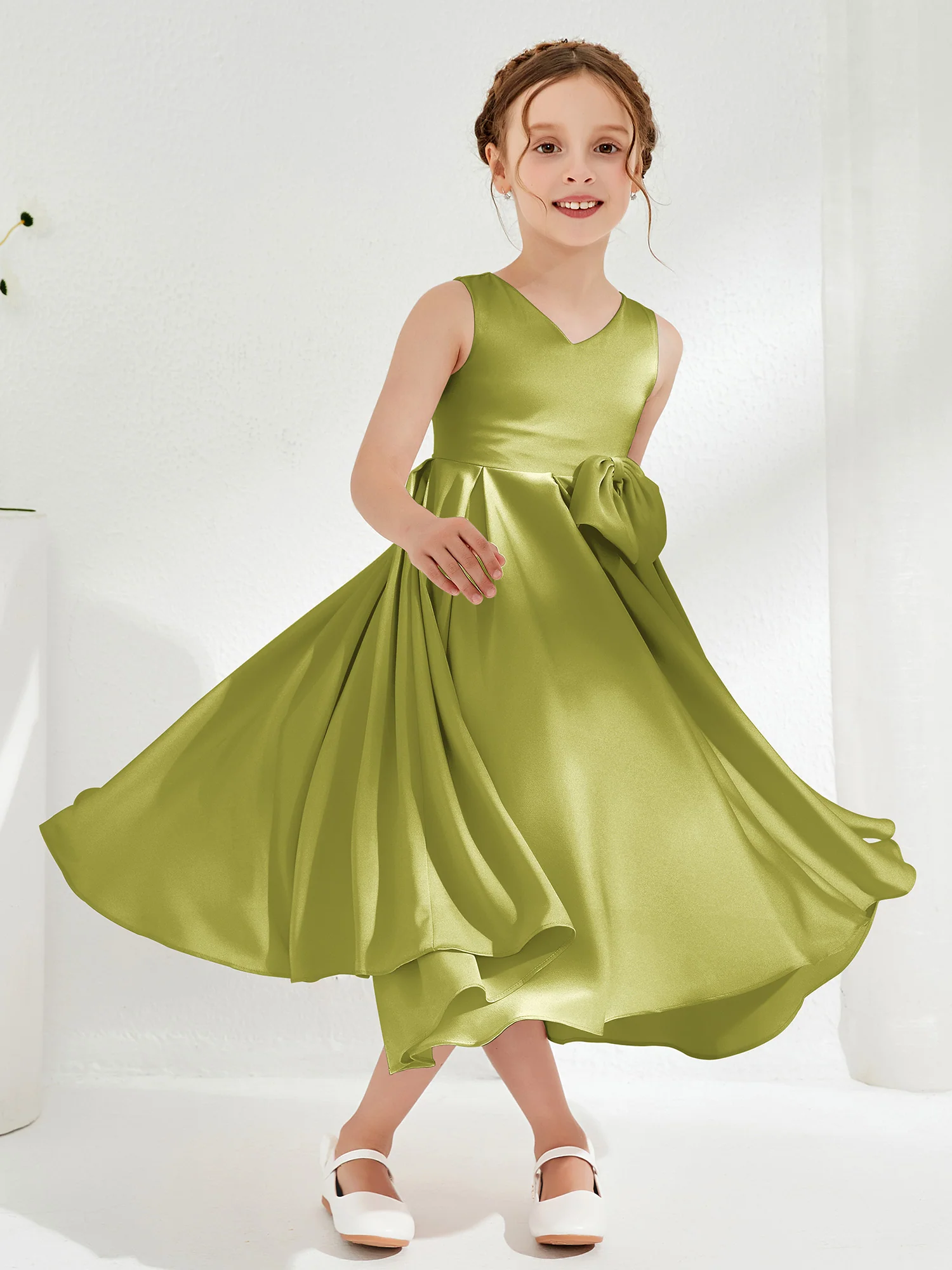 V-Neck Acetate Satin Girl's Dress with Bow Clover - Image 3