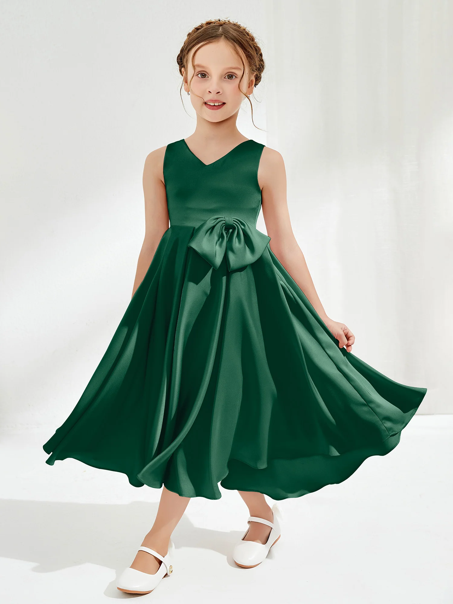 V-Neck Acetate Satin Girl's Dress with Bow Dark Green