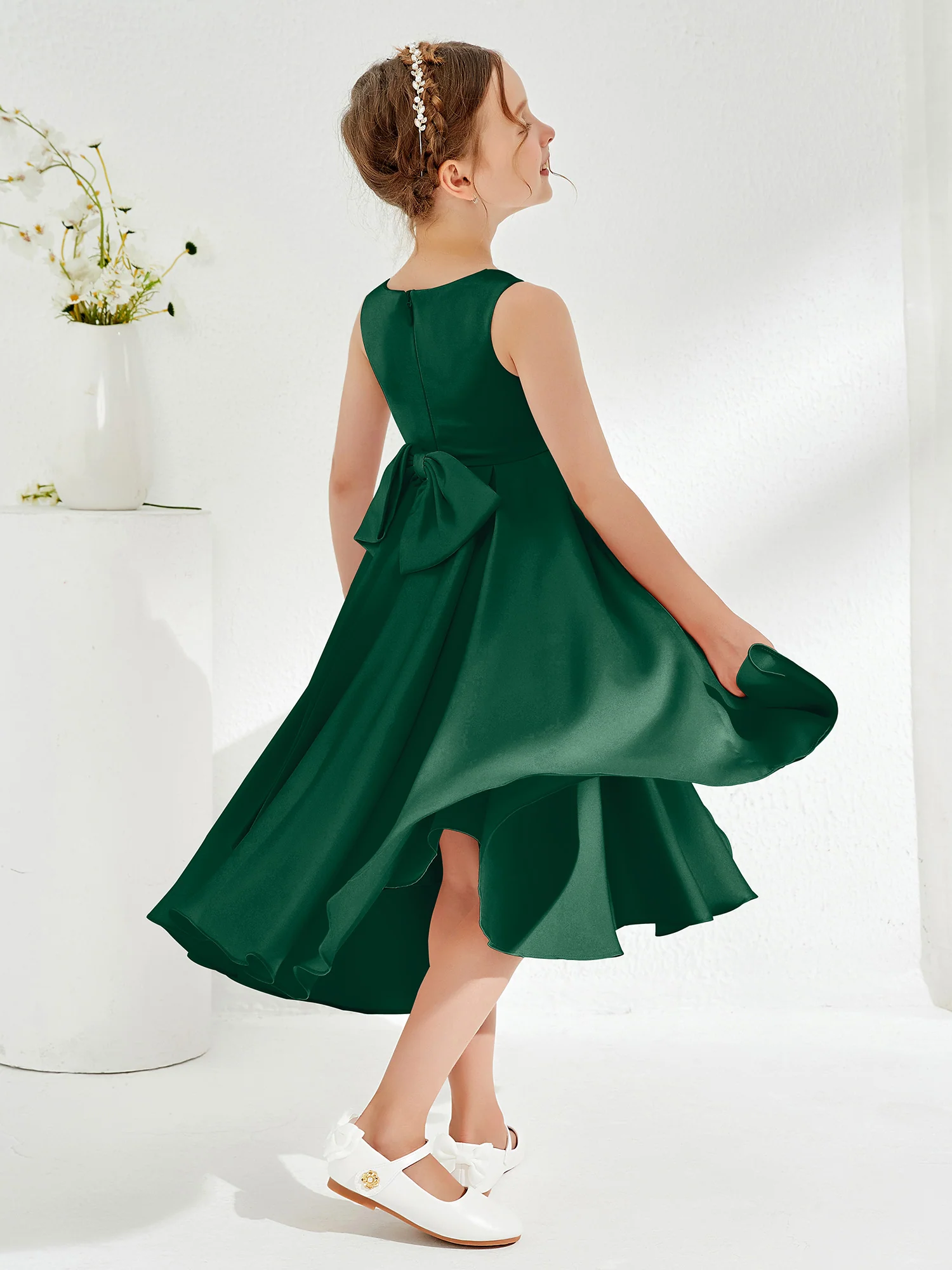 V-Neck Acetate Satin Girl's Dress with Bow Dark Green - Image 2