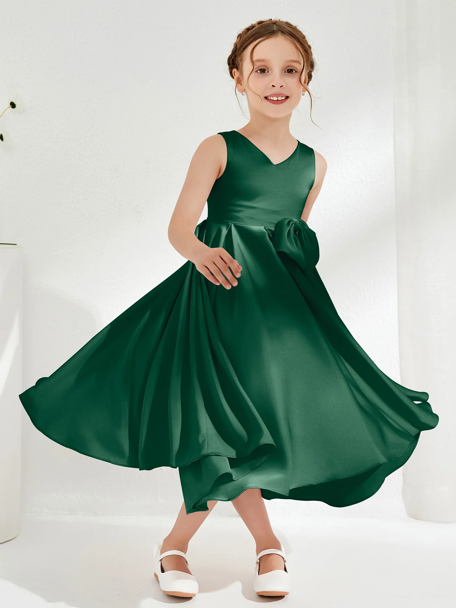 V-Neck Acetate Satin Girl's Dress with Bow Dark Green - Image 3