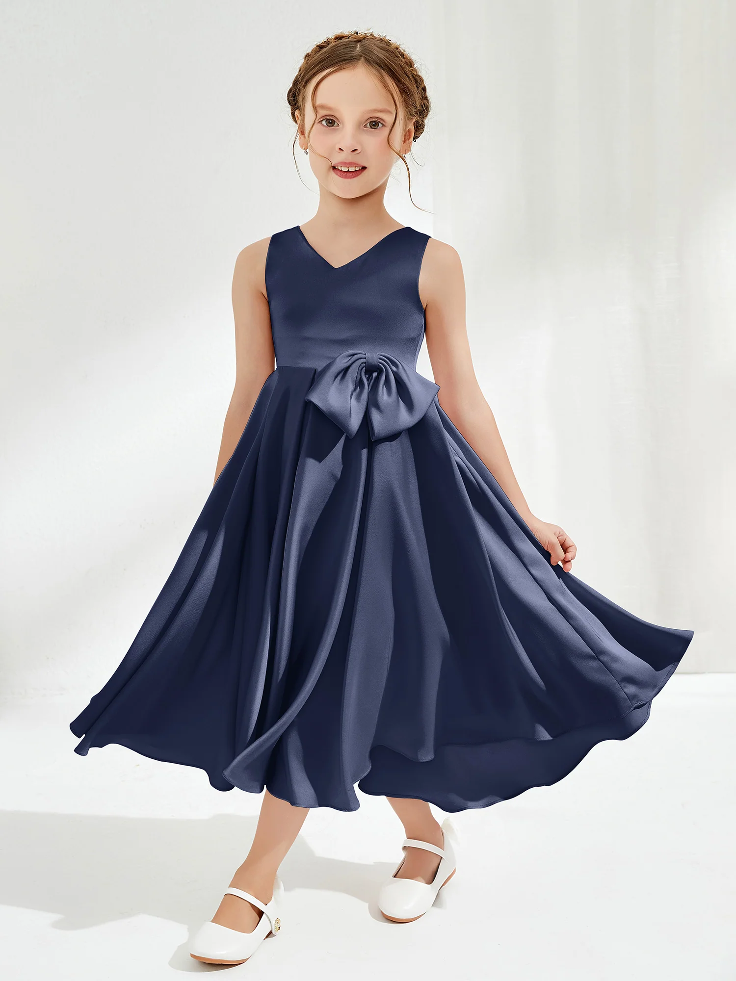 V-Neck Acetate Satin Girl's Dress with Bow Dark Navy
