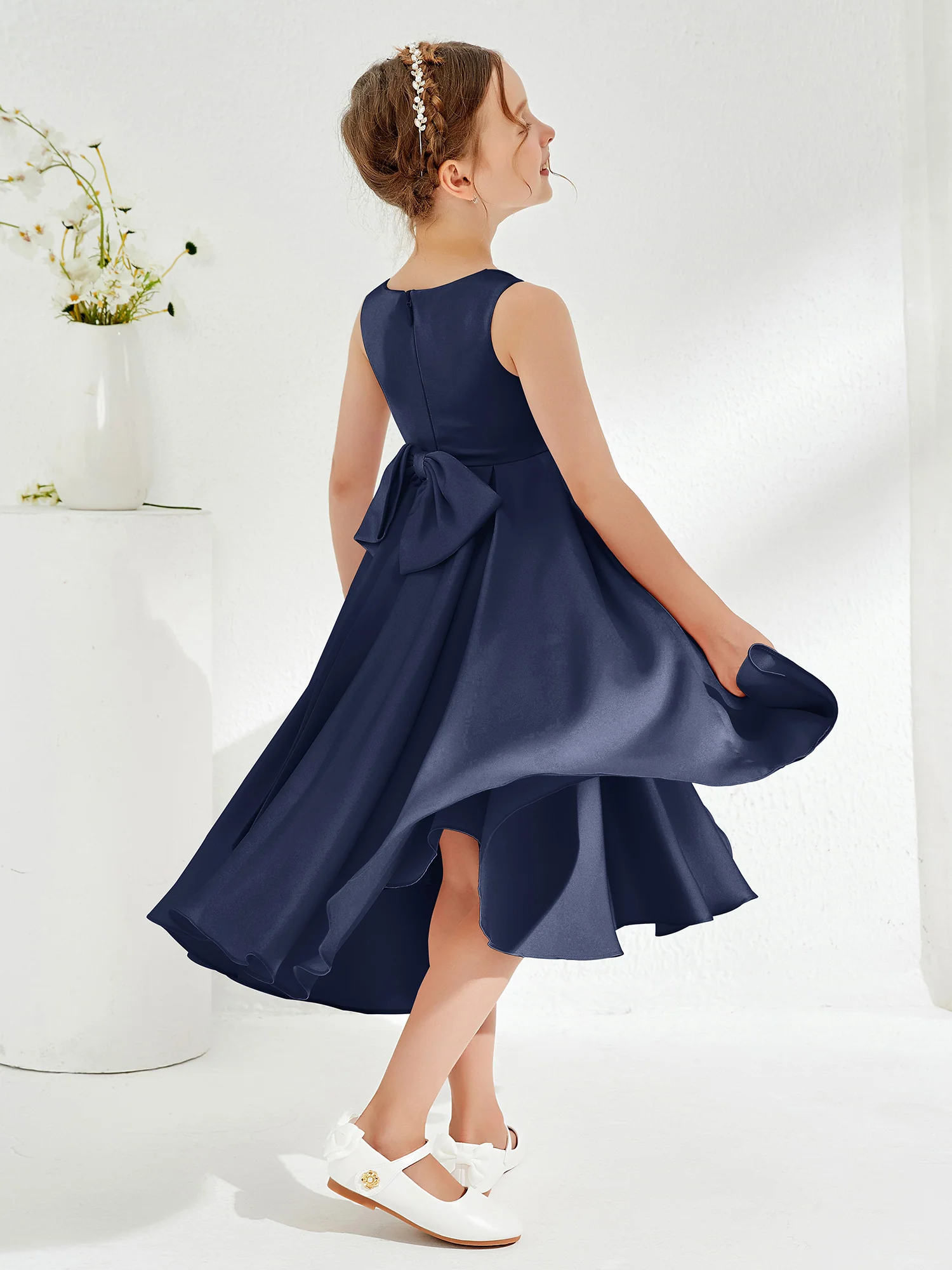 V-Neck Acetate Satin Girl's Dress with Bow Dark Navy - Image 2