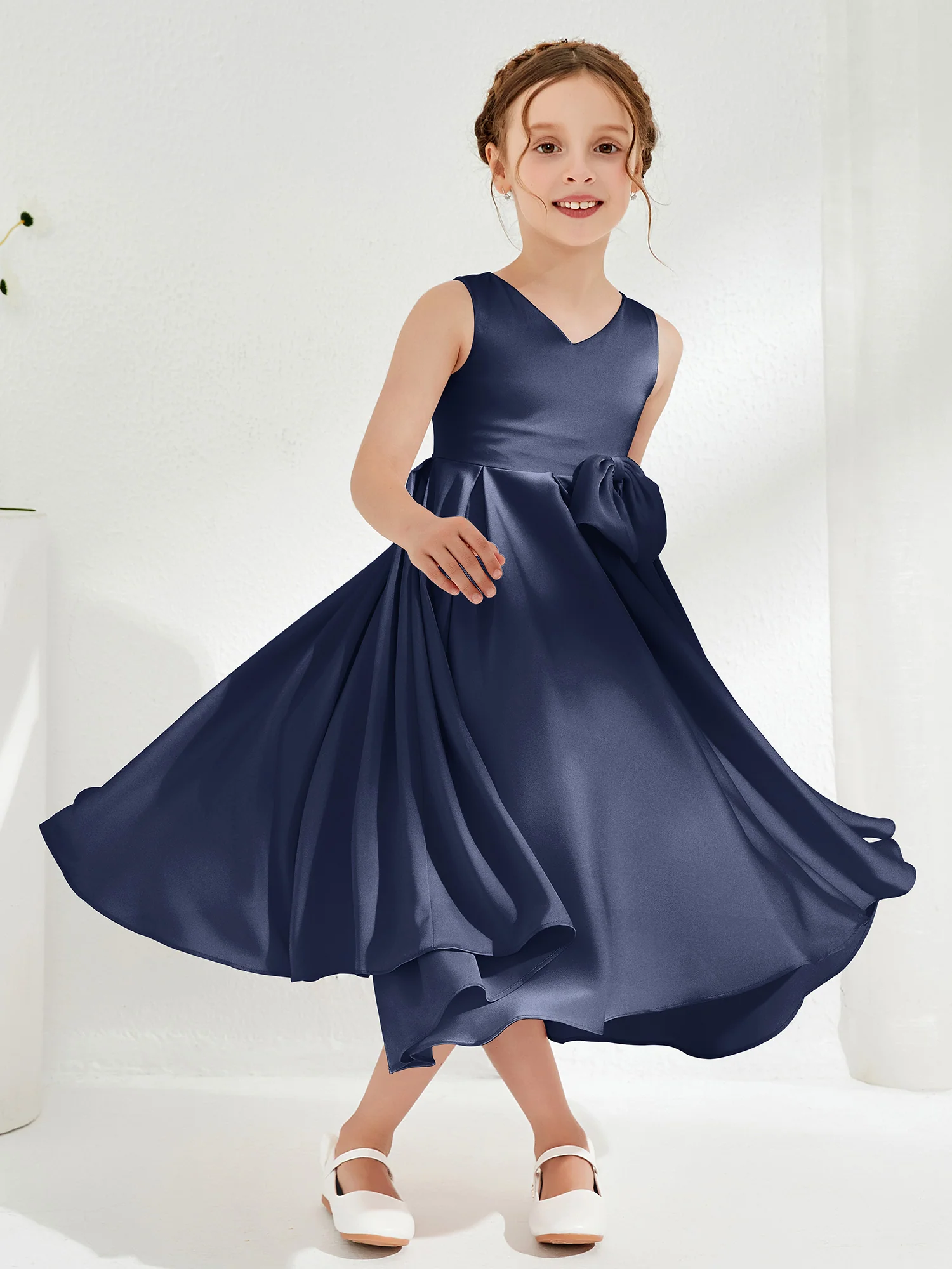 V-Neck Acetate Satin Girl's Dress with Bow Dark Navy - Image 3