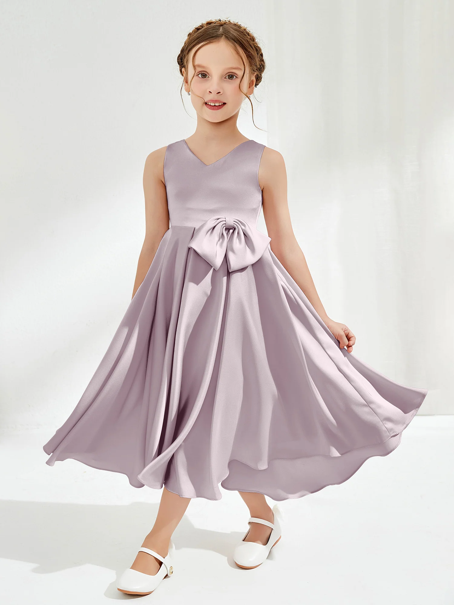 V-Neck Acetate Satin Girl's Dress with Bow Dusk