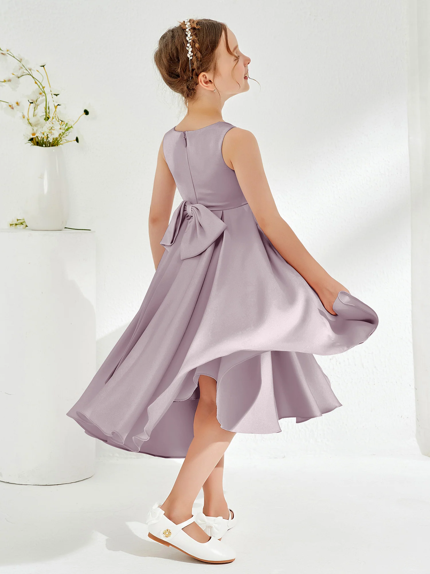 V-Neck Acetate Satin Girl's Dress with Bow Dusk - Image 2
